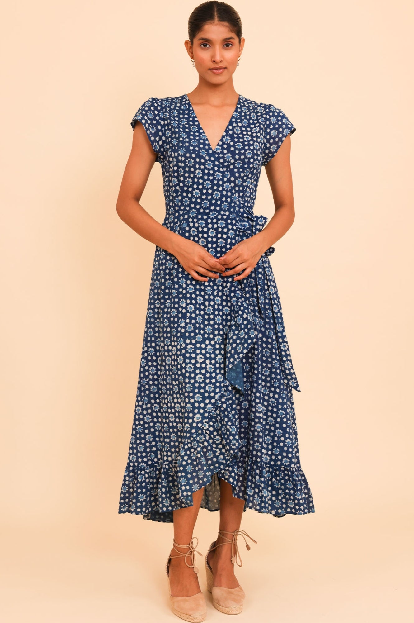 Demi Organic Cotton Wrap Dress for Women - Navy Blue Flowy Boho Maxi Dress for Beach, Vacation & Summer Outfits