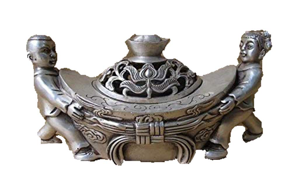 Exquisite Tibetan Silver Feng Shui Boy & Girl Yuanbao Statue Incense Burner - Handmade Asian Home Decor for Wealth & Harmony - Perfect for Meditation, Yoga Room & Spiritual Gifts