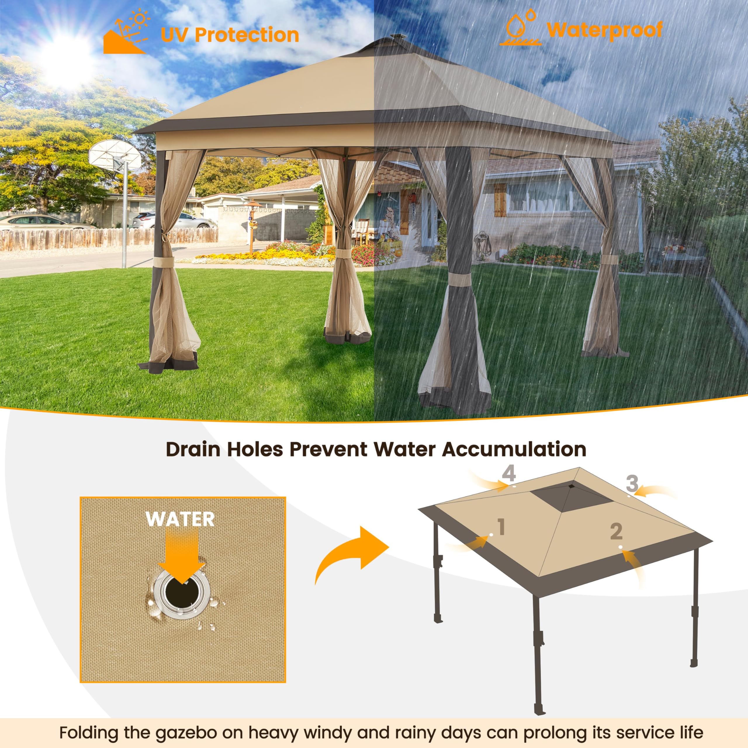 Topeakmart 11x11Ft Outdoor Pop Up Gazebo Canopy with Mesh Netting & Solar LED Lights - Patio Garden Shade Shelter for Backyard, Camping, Picnics (Khaki & Brown)