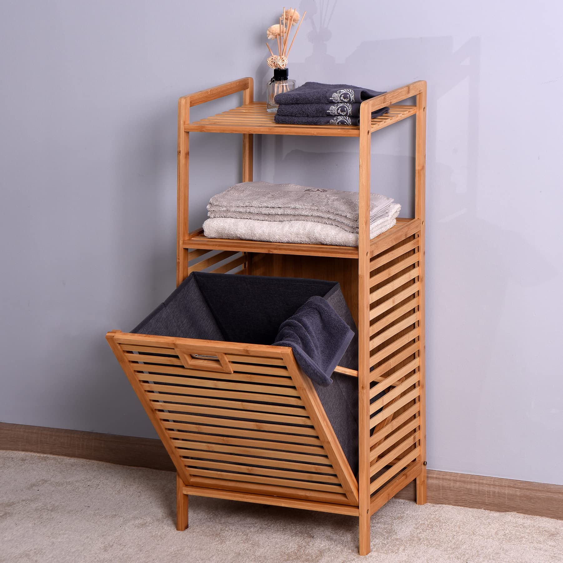 Amposei Bamboo Tilt-Out Laundry Hamper - Free Standing Ventilated Dirty Clothes Organizer with 2-Tier Storage Shelf & Removable Fabric Bin - Perfect for Bathroom, Bedroom, Living Room & Laundry Room Organization