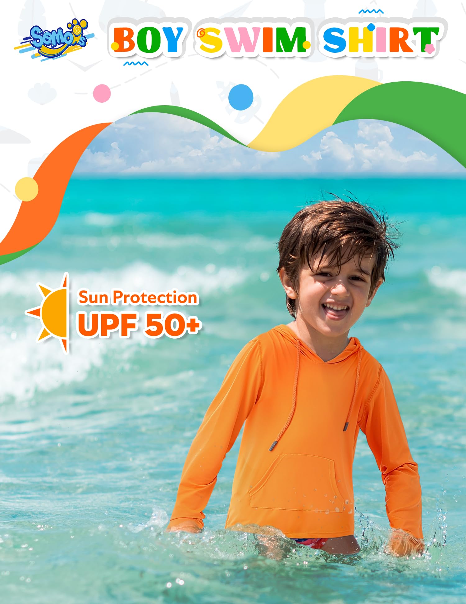 Boys UPF 50+ Sun Protection Long Sleeve Rash Guard Swim Shirt with Pocket - Kids Hooded UV Shirt for Swimming, Fishing, Beach & Water Sports