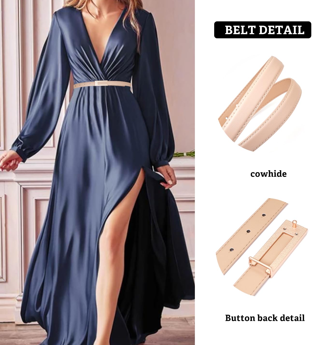 Skinny Leather Belts for Women - Thin Waist Belt with Gold Buckle for Dresses & Office Wear | Perfect for Formal Attire, Work Outfits & Special Occasions