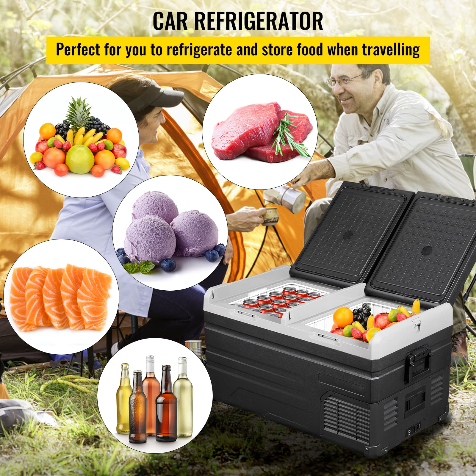 VEVOR 12V/24V DC & 110-240V AC 80 Quart Dual Door Portable Refrigerator Freezer - Electric Compressor Cooler for Truck, RV, Boat, Camping, Travel & Home Use | Compact Fridge for Food, Drinks & Medication Storage