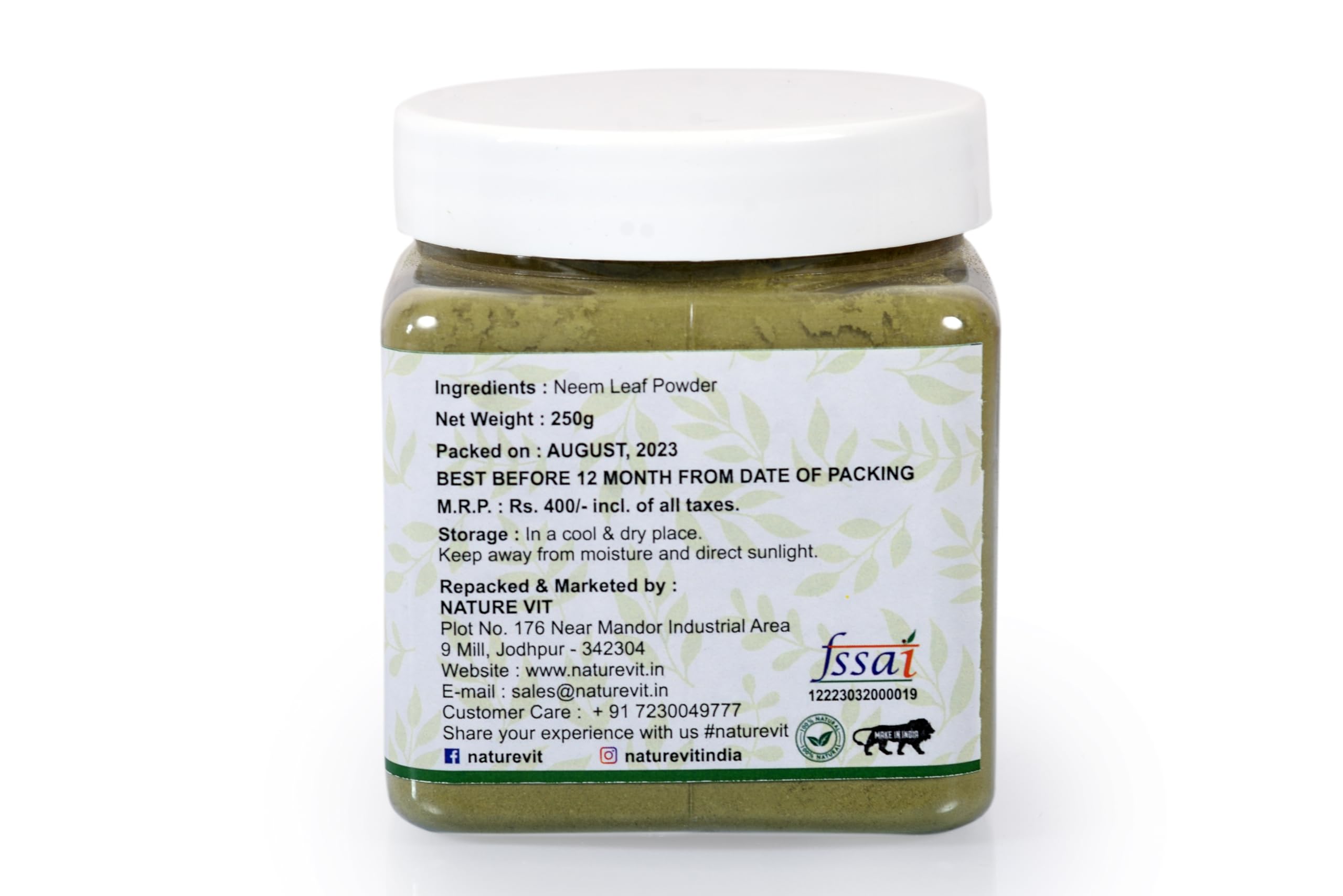 NatureVit 100% Natural Neem Powder for Skin & Hair Care - 250g Jar | Anti-Pimple, Anti-Bacterial Face Mask | Chemical-Free Hair Cleanser | Promotes Healthy Hair & Clear Skin - Perfect for DIY Beauty Treatments & Ayurvedic Remedies