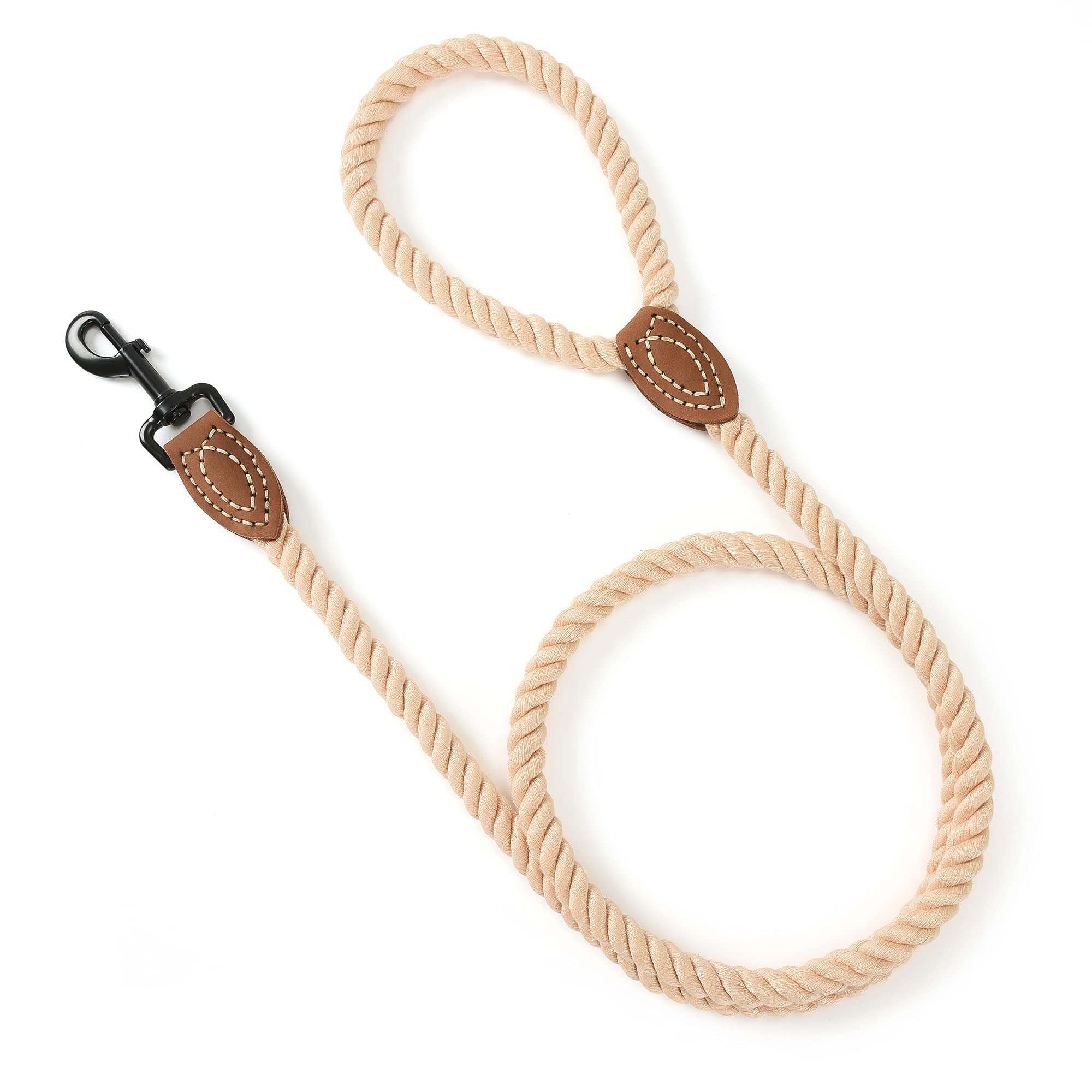 Premium Braided Cotton Dog Leash with Leather Tip - 6ft Heavy Duty Rope Leash with Metal Clasp for Medium & Large Dogs - Perfect for Weddings, Hiking & Daily Walks (Light Brown, 72 Inches)