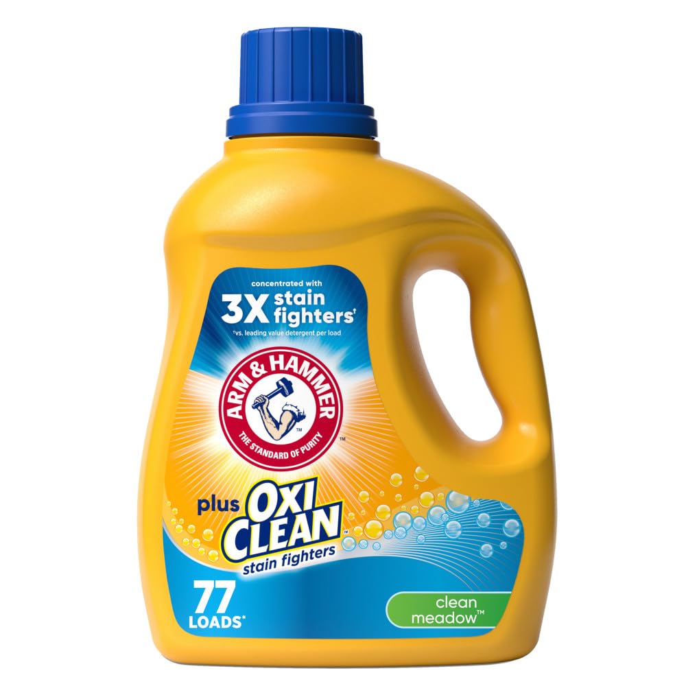 Arm & Hammer Plus OxiClean Clean Meadow Liquid Laundry Detergent - 77 Loads, 100.5 fl oz - Fresh Scent for Clothes, Sheets & Towels - Ideal for Families & Large Laundry Loads