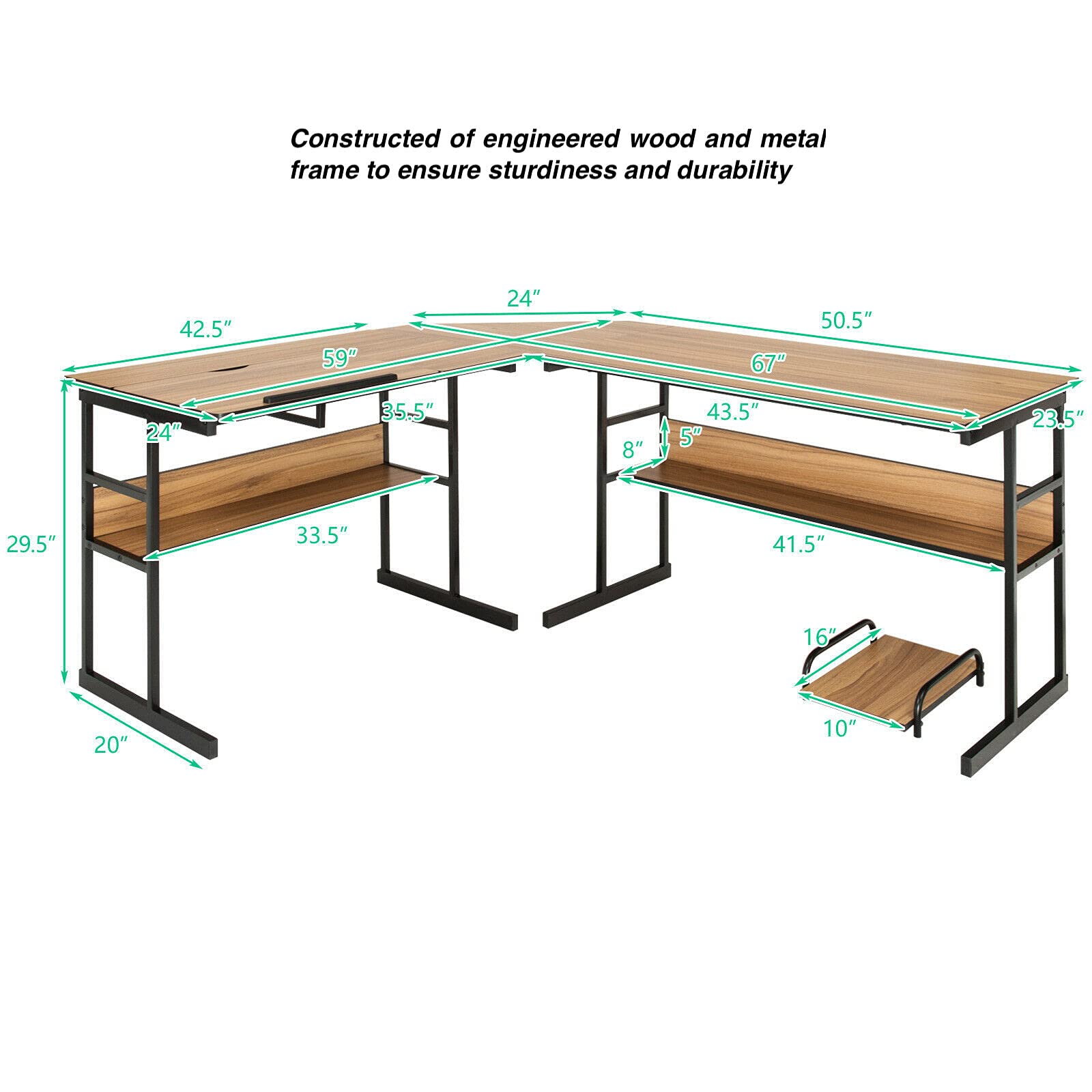 Ergonomic Walnut L-Shaped Corner Desk with Adjustable Tilt Top - Home Office Computer Workstation, Study Table with 2 Open Bookshelves for Laptop, Writing & Drawing - Perfect for Small Spaces, Gaming Setup & Artist Studio