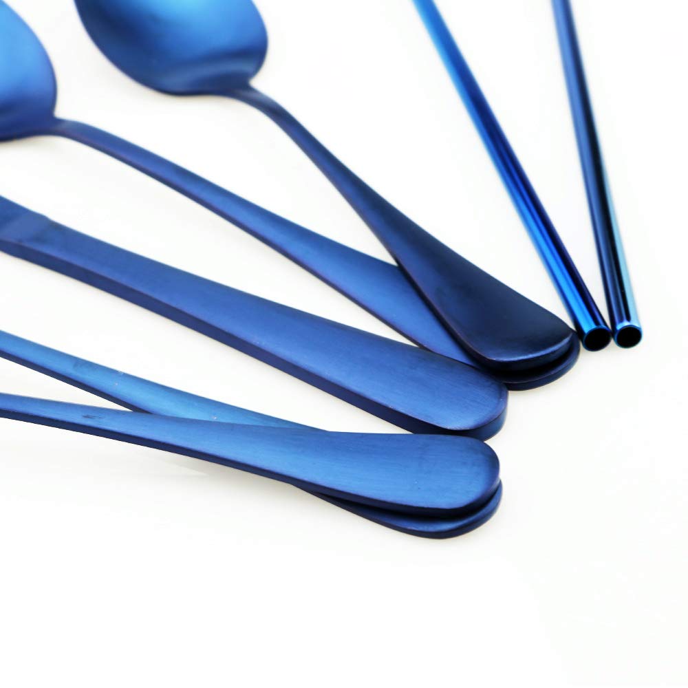 Eco-Friendly Blue Reusable Utensil Set with Travel Case - Stainless Steel Camping Cutlery Kit (Knife, Fork, Spoon, Straw & Chopsticks) - Matte Finish Flatware for Outdoor Picnics, Office Lunches, Hiking & School Meals - Perfect for Camping, Travel & Sustainable Dining