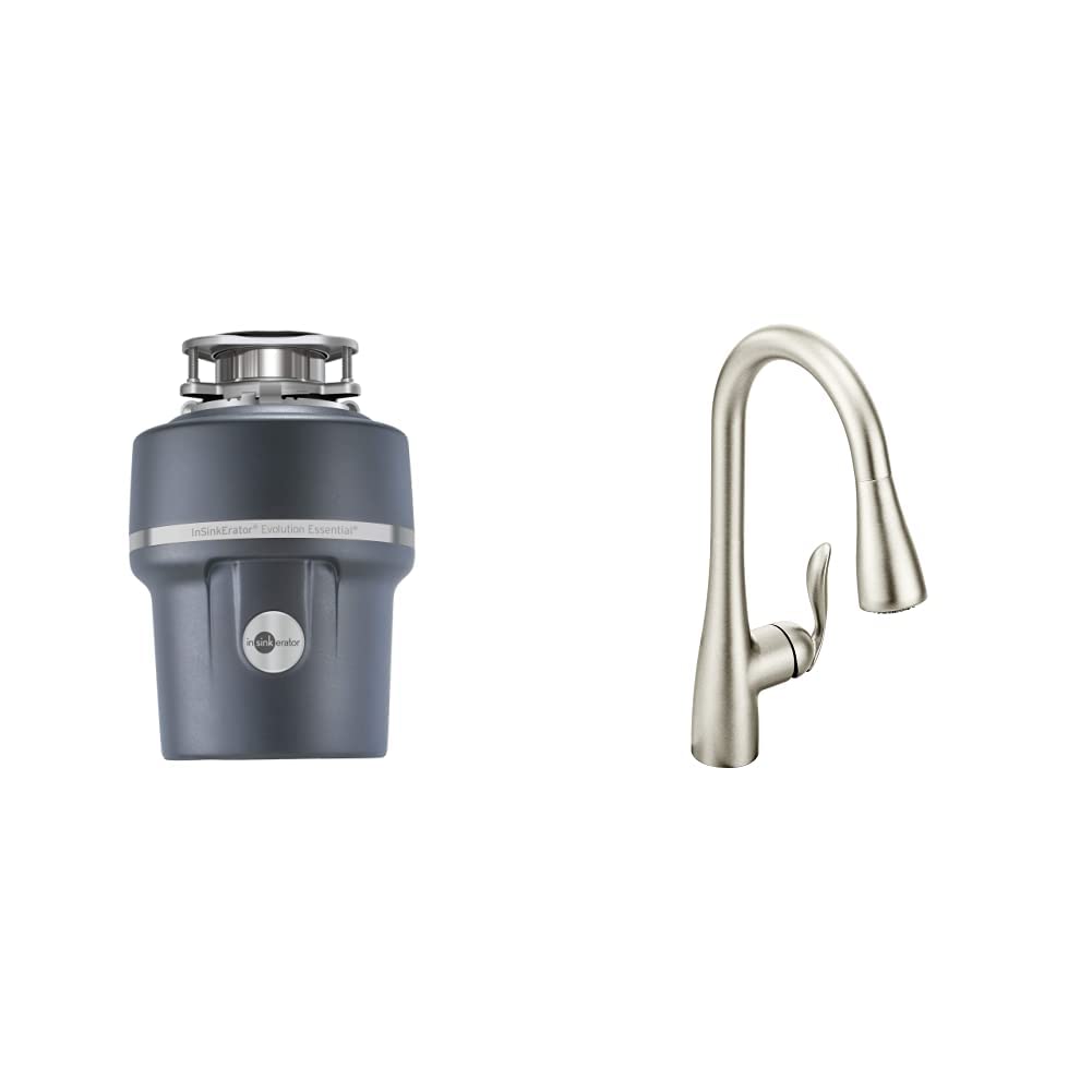 InSinkErator Evolution Essential XTR 3/4 HP Continuous Feed Garbage Disposal with Air Switch & Power Cord - Moen 7594SRS Arbor One-Handle Pull-Down Kitchen Faucet with Power Boost & Reflex Technology - Perfect for Modern Kitchen Remodeling & Waste Disposal Solutions