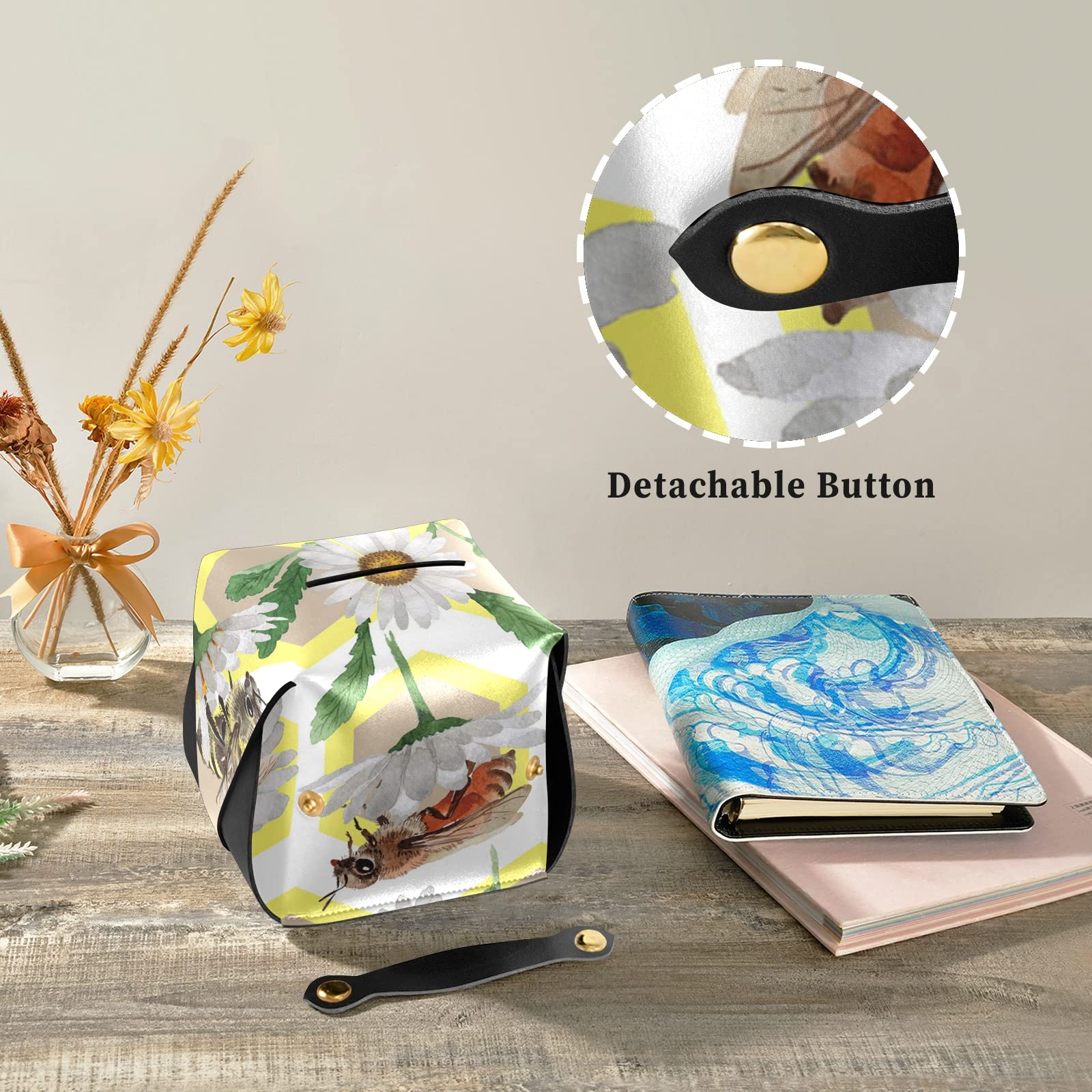 Poeticcity Honey Bee on White Daisy Flowers Hexagon Leather Tissue Box Cover - Decorative Tissue Holder for Bathroom, Office, Nightstand & Vanity (5.7x5.7x5.7 in) - Perfect for Farmhouse Decor, Spring Home Accents & Gift Ideas