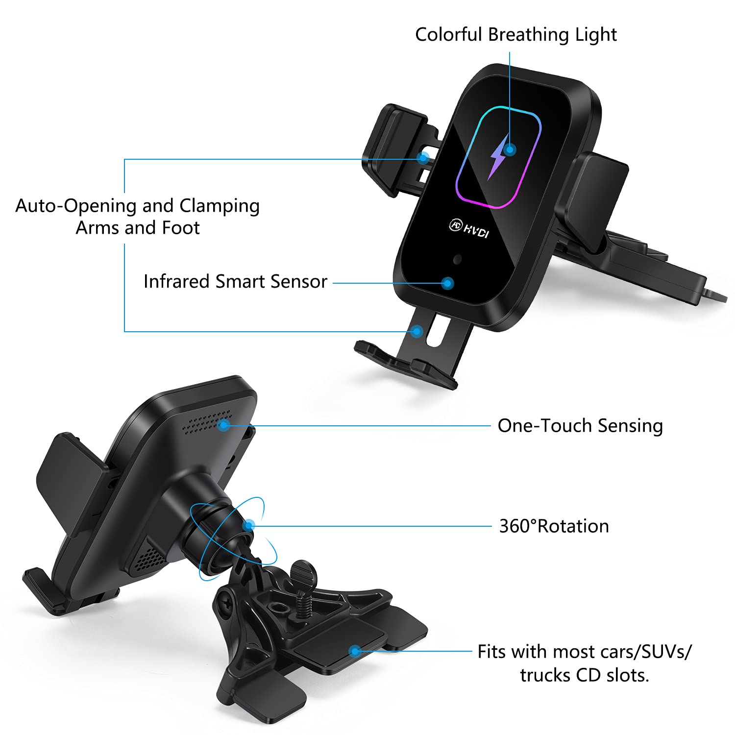 Wireless Car Charger CD Slot Phone Mount - 15W Qi Fast Charging, Auto-Clamping & Infrared Smart Sensor - Compatible with iPhone 13 Pro Max/12/11/X/8 & Samsung S21/S20/S10/S9 - Perfect for Hands-Free Driving & Safe Charging on the Go