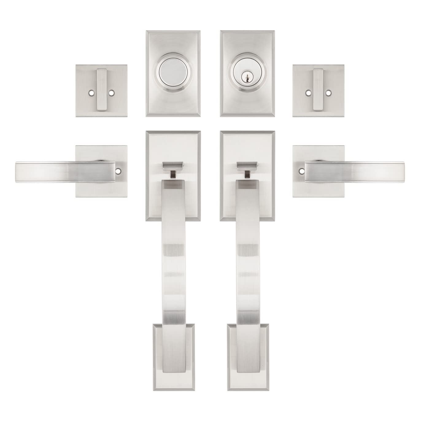 CozyBlock Double Door Handle Sets with Single Cylinder Deadbolt - Adjustable Rectangular Entry Door Lock Set with Dummy (Round Lever, Brushed Nickel Finish) - Perfect for Home, Office & Apartment Security