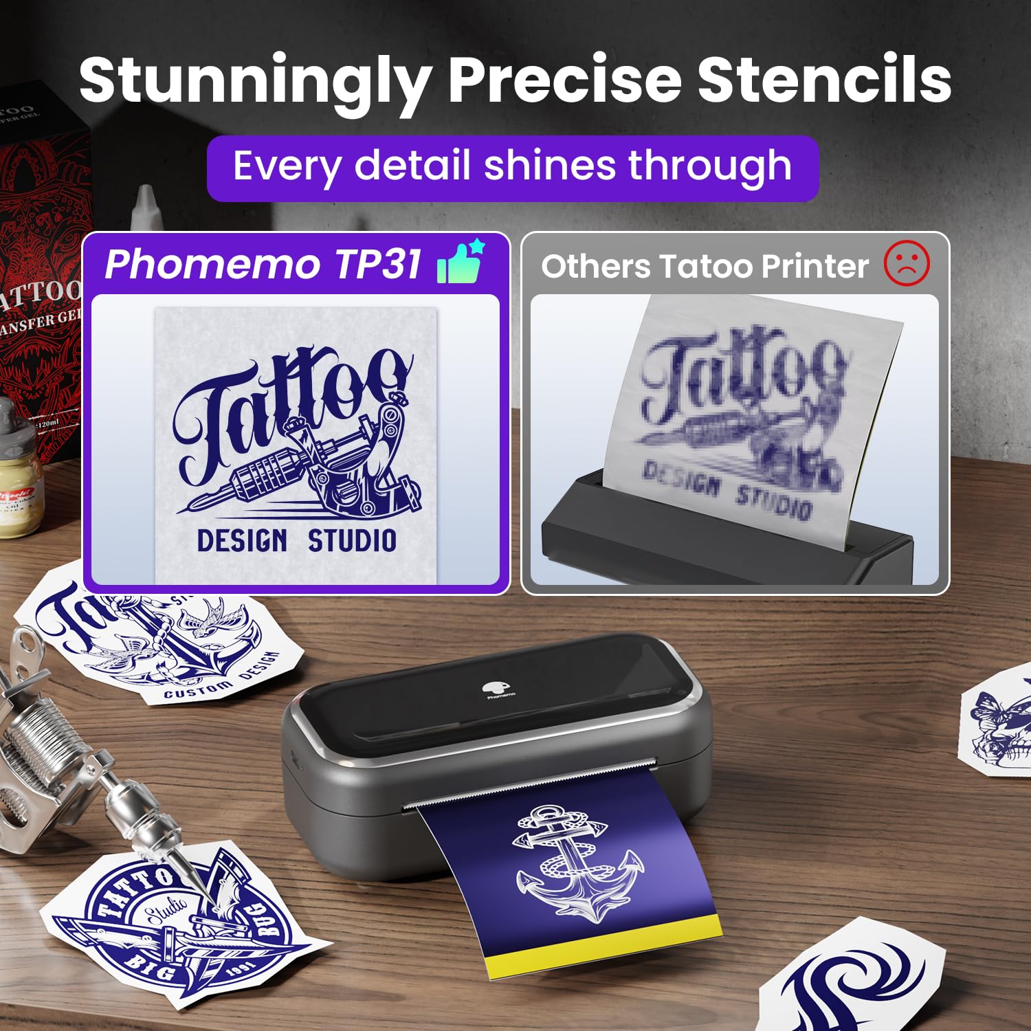 Phomemo TP31 Wireless Tattoo Printer Kit with 50 Practice Skins - Portable Tattoo Stencil Machine for Beginners & Professionals, Perfect for Tattoo Practice, Art Design & Body Art Studio Use