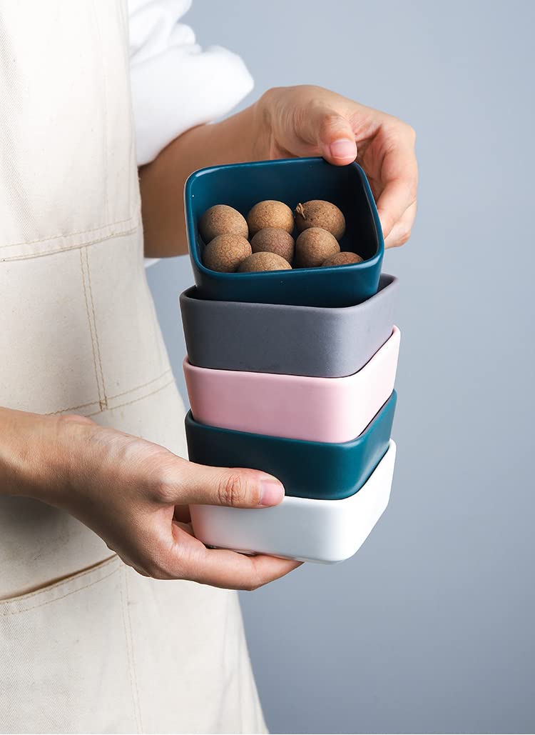 Matte Square Porcelain Side Dish Bowls - 6-Piece Set for Soy Sauce, Dipping & Seasoning (Green, Grey, Black, Blue, White, Pink) - Perfect for Sushi, Dumplings & Asian Cuisine