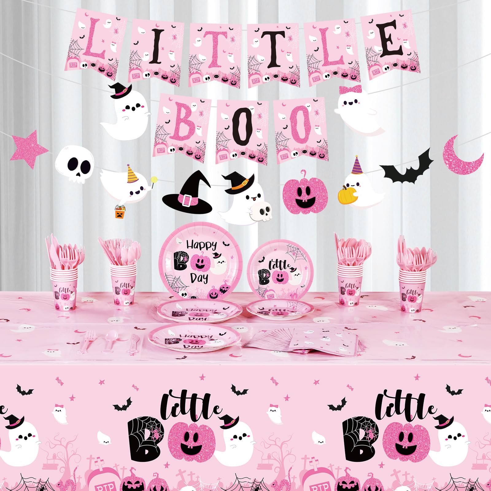 Geyee 173-Piece Pink Halloween Party Supplies Kit - Includes Tablecloth, Pumpkin Ghost Decor, Boo Banner, Plates & Napkins for 24 Guests | Perfect for Halloween Parties, Baby Showers & Birthday Celebrations