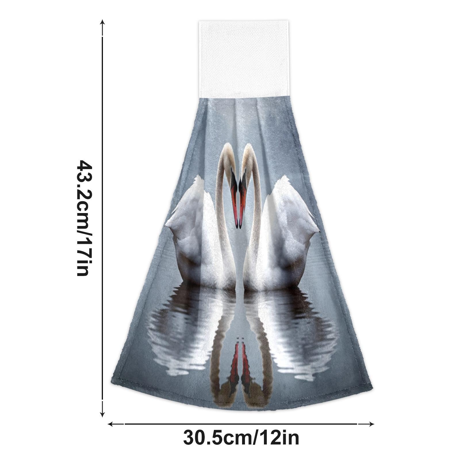 Qilmy White Swan Couple Hand Towels Set of 2 - Ultra Soft & Quick Absorbent Kitchen & Bathroom Towels with Magic Stickers & Hanging Loops (12x17 Inches) - Perfect for Home, Hotel, and Spa Use
