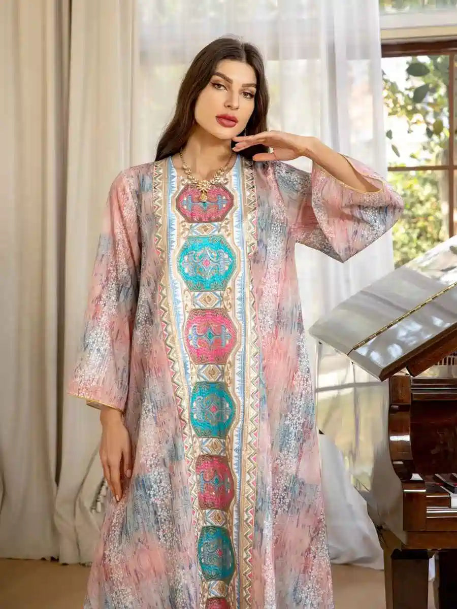 Elegant Eid Dress with Embroidery & Printed Floral Design - Long Caftan Kaftan Dress for Women #25426 | Perfect for Eid Celebrations, Weddings & Special Occasions