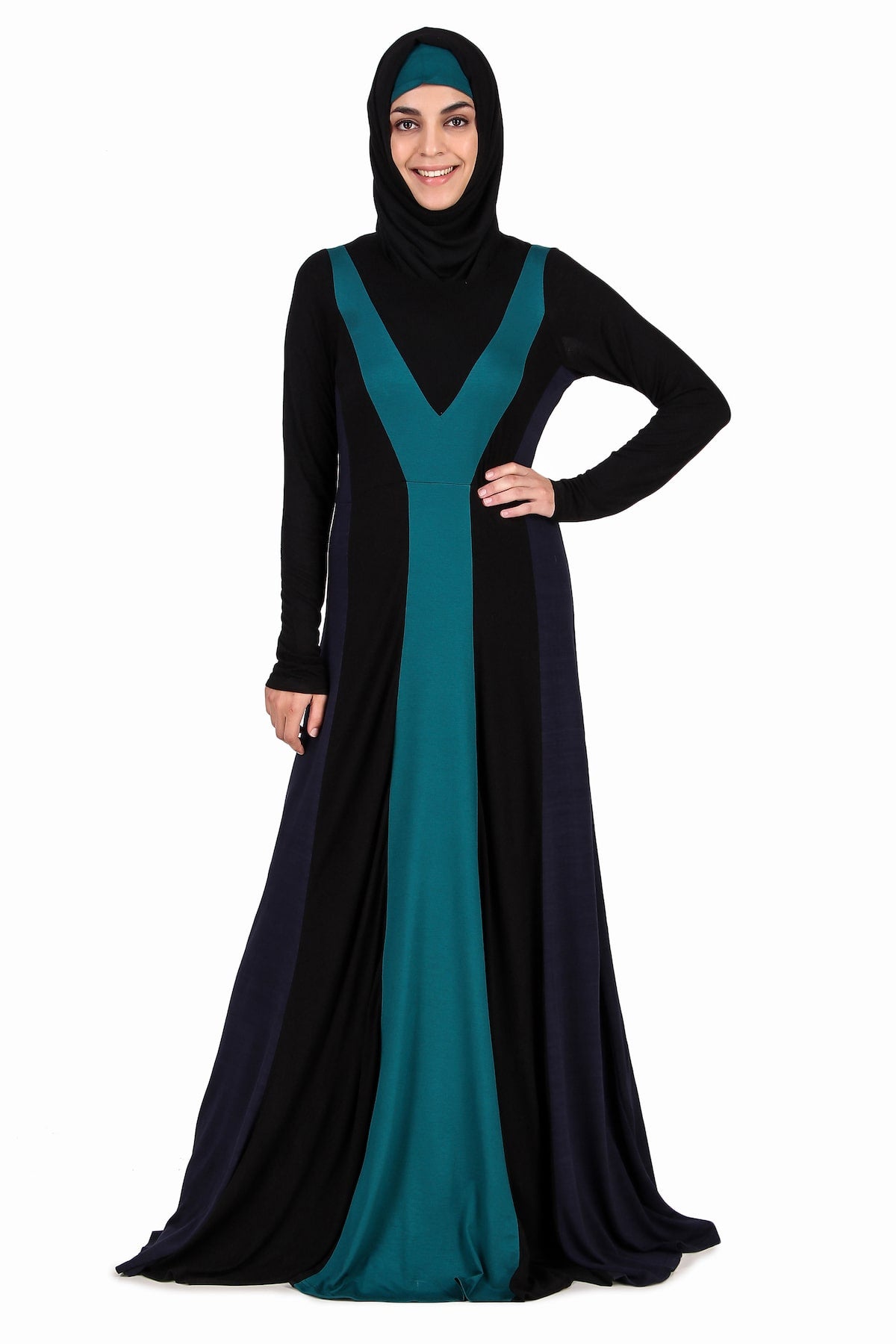 Colorblock Stripe Jersey Anarkali Abaya - Stylish Muslim Dress for Women, Elegant Long Sleeve Maxi Dress for Prayer, Eid, Wedding & Special Occasions