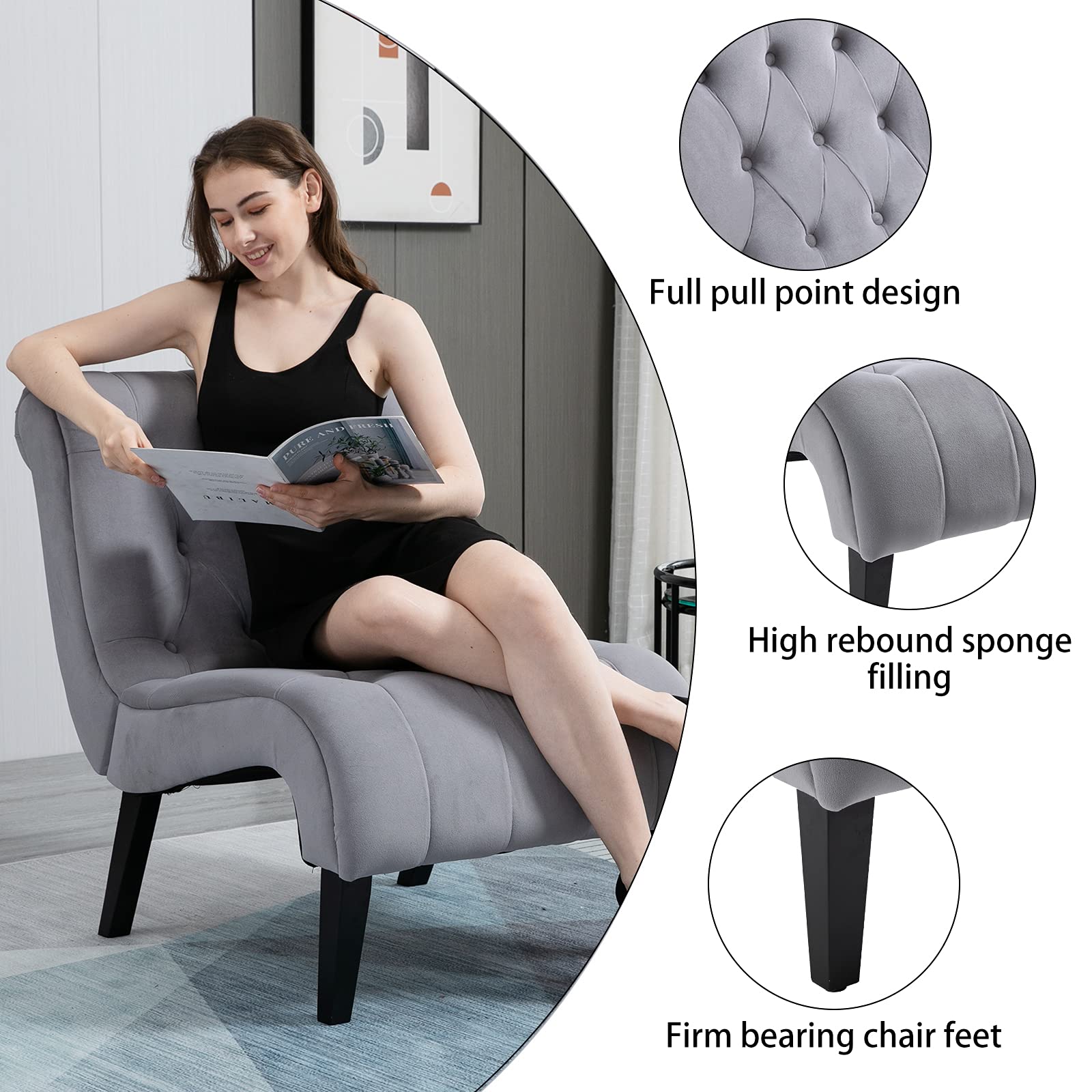 AVAWING 2-Piece Armless Accent Chair Set - Upholstered Button Tufted Living Room Chairs with Sturdy Wood Legs, Soft Frosted Velvet Lounge & Reading Chairs for Bedroom or Office - Modern Grey Home Decor (Perfect for Small Spaces, Reading Nooks & Cozy Corners)