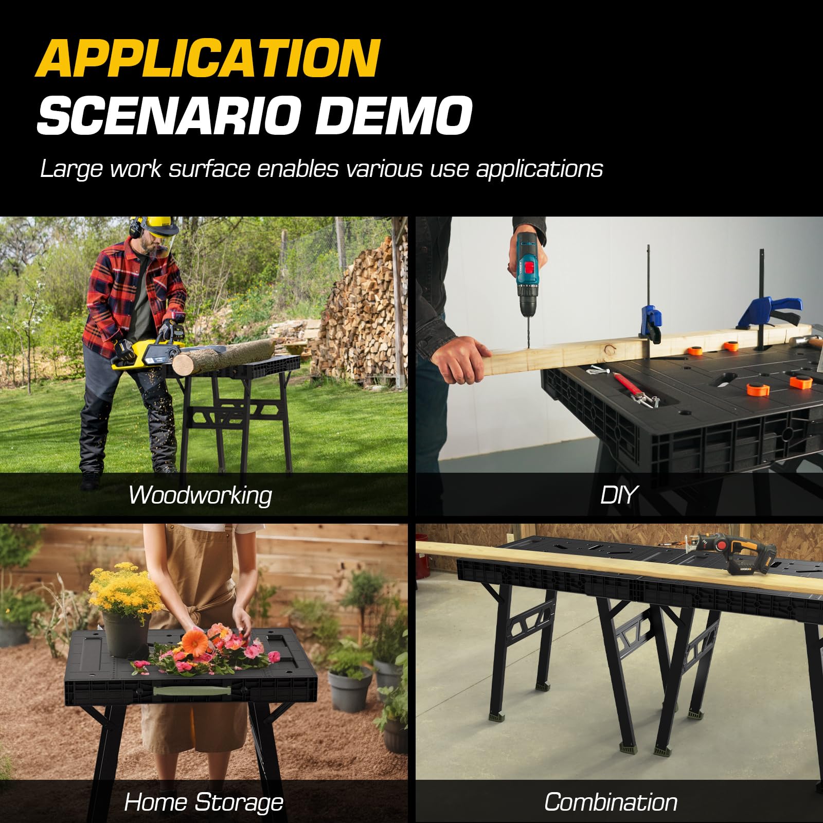 2-in-1 Portable Folding Workbench & Sawhorse - Heavy Duty 1000 lbs Capacity, 34