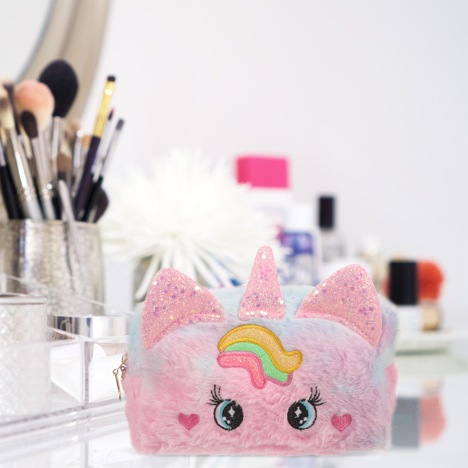 **Soft Plush Unicorn Makeup Bag for Women & Girls – Cute Fuzzy Cosmetic Pouch, Travel Toiletry Bag, Pen Case – Perfect for School, Travel, and Gift Ideas**