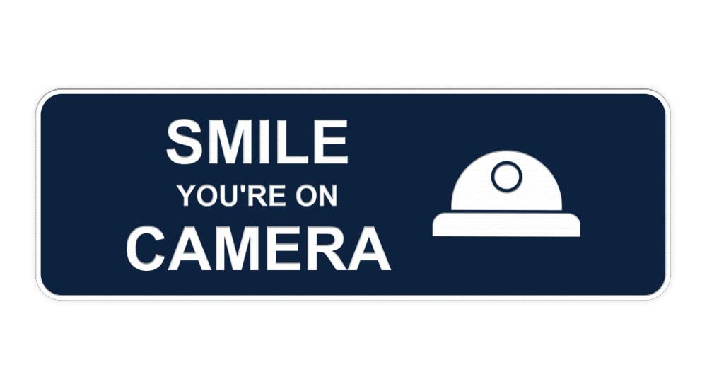 Standard Smile You're On Camera Sign (Navy Blue/White) - Large Security Warning Sign for Home, Office & Business Surveillance Areas