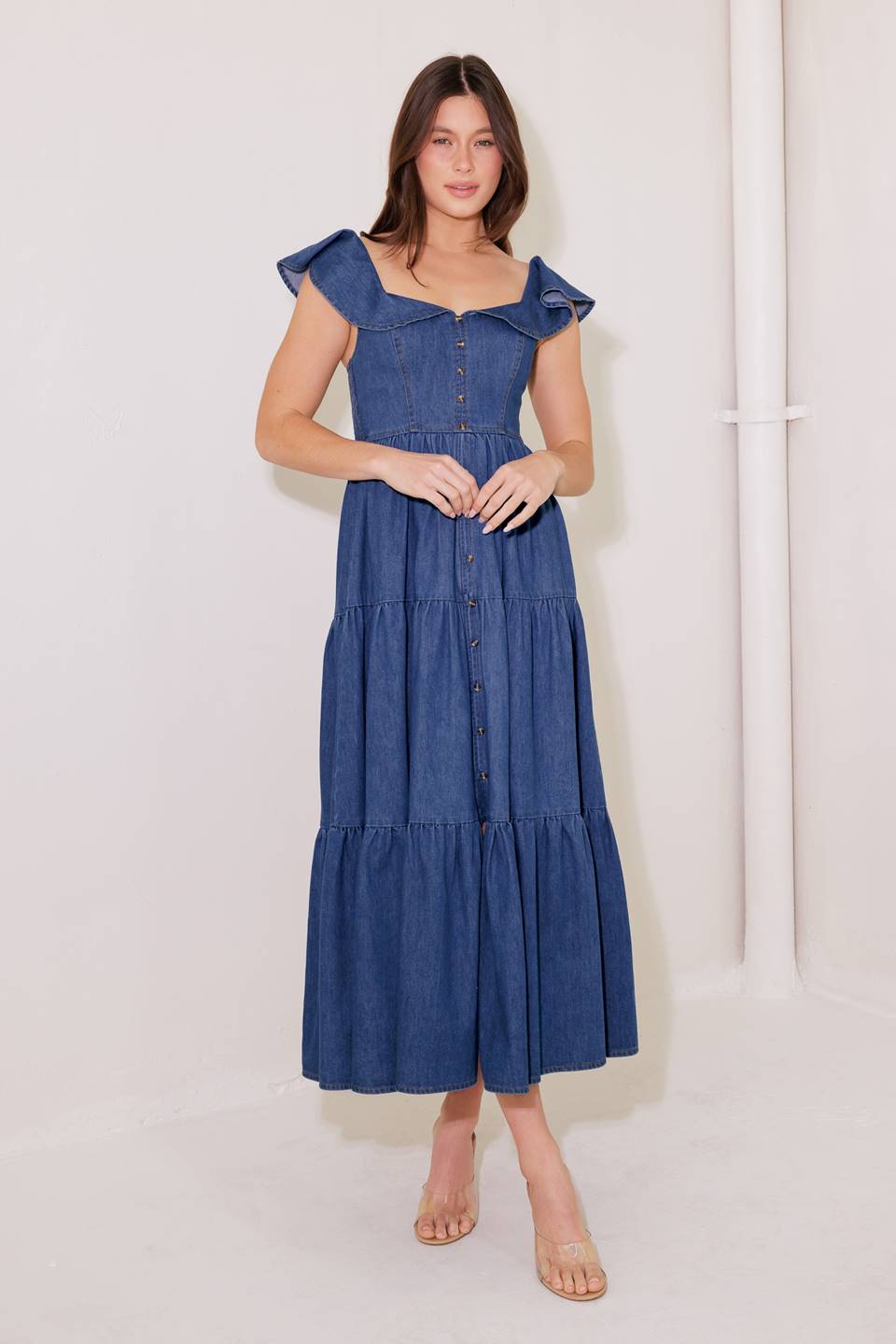 Once Upon a Time Denim Blue Midi Dress - Women's Casual Vintage Style Wrap Dress for Summer, Date Night & Office Wear