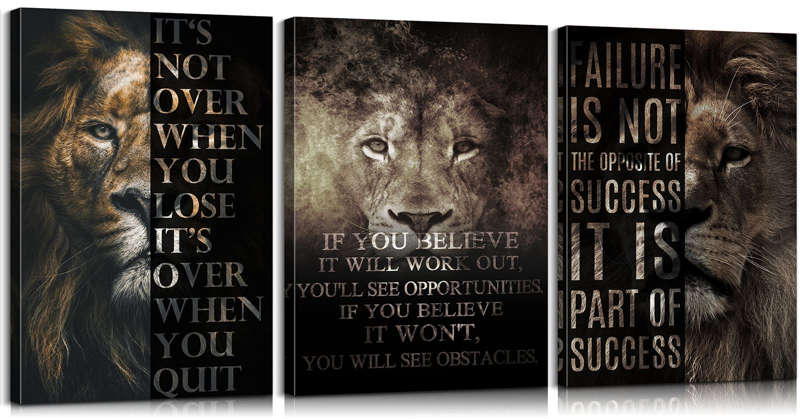 3-Piece Lion Motivational Canvas Wall Art Set - Inspirational Quotes for Success, Positive Animal Wall Decor for Home, Classroom, Entrepreneur Office - Easy to Hang (24