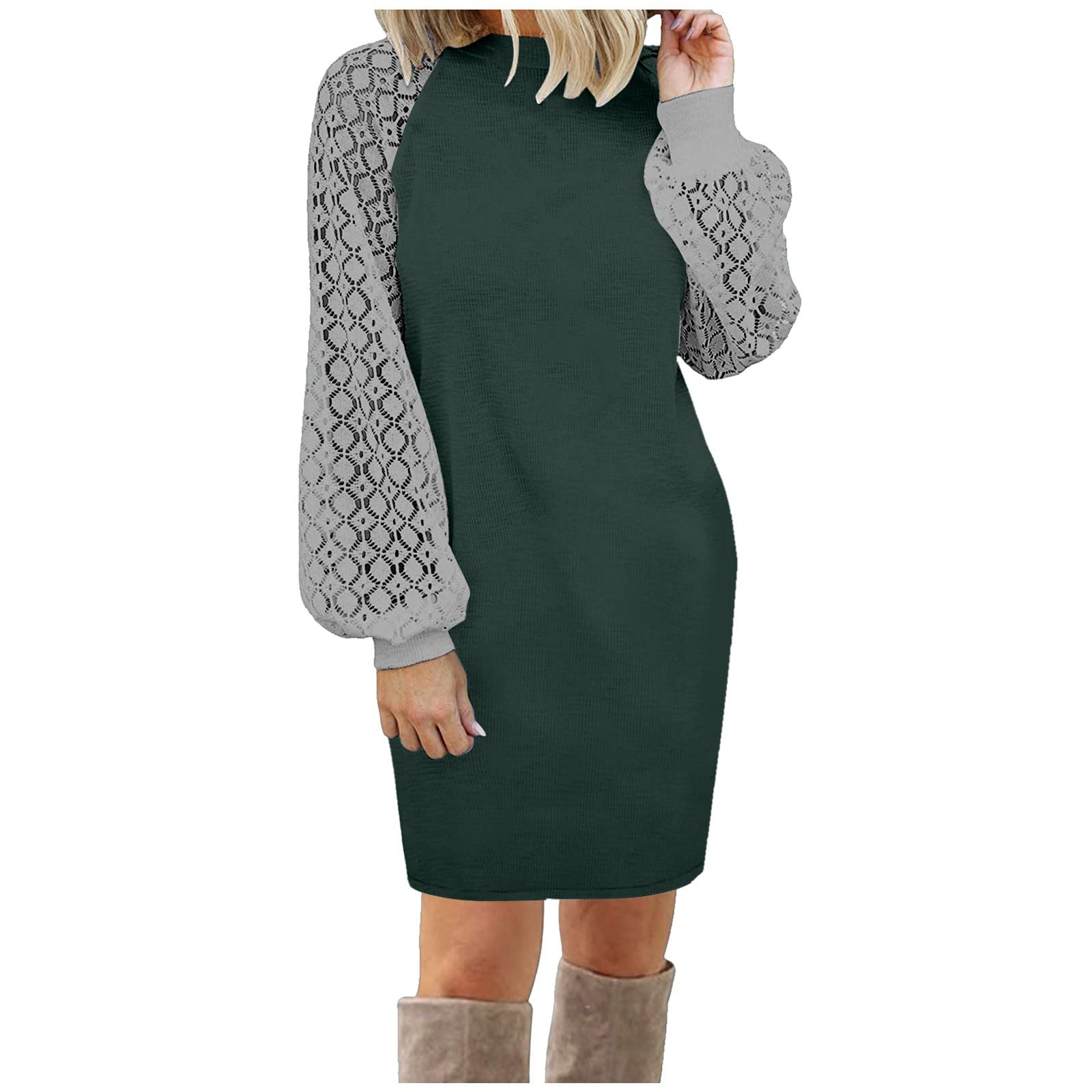 Elegant Long Flowy Dresses for Women - Lace Stitching Long Sleeve Casual Loose Knit Dress for Everyday Wear, Date Night & Special Occasions