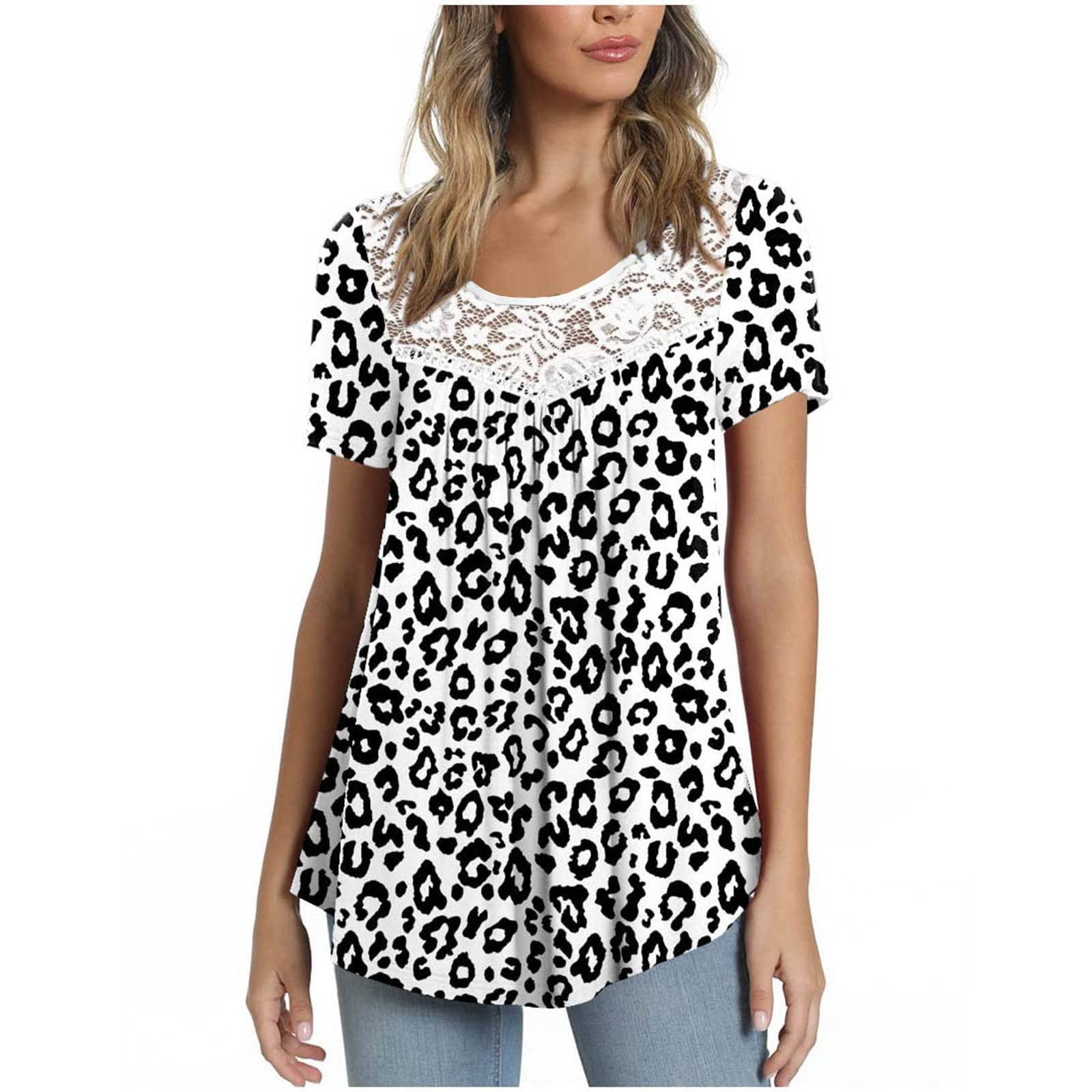 Women's Trendy Lace Patchwork Printed Round Neck Short Blouse Tops - Elegant Casual Wear for Office, Date Night & Spring Outfits