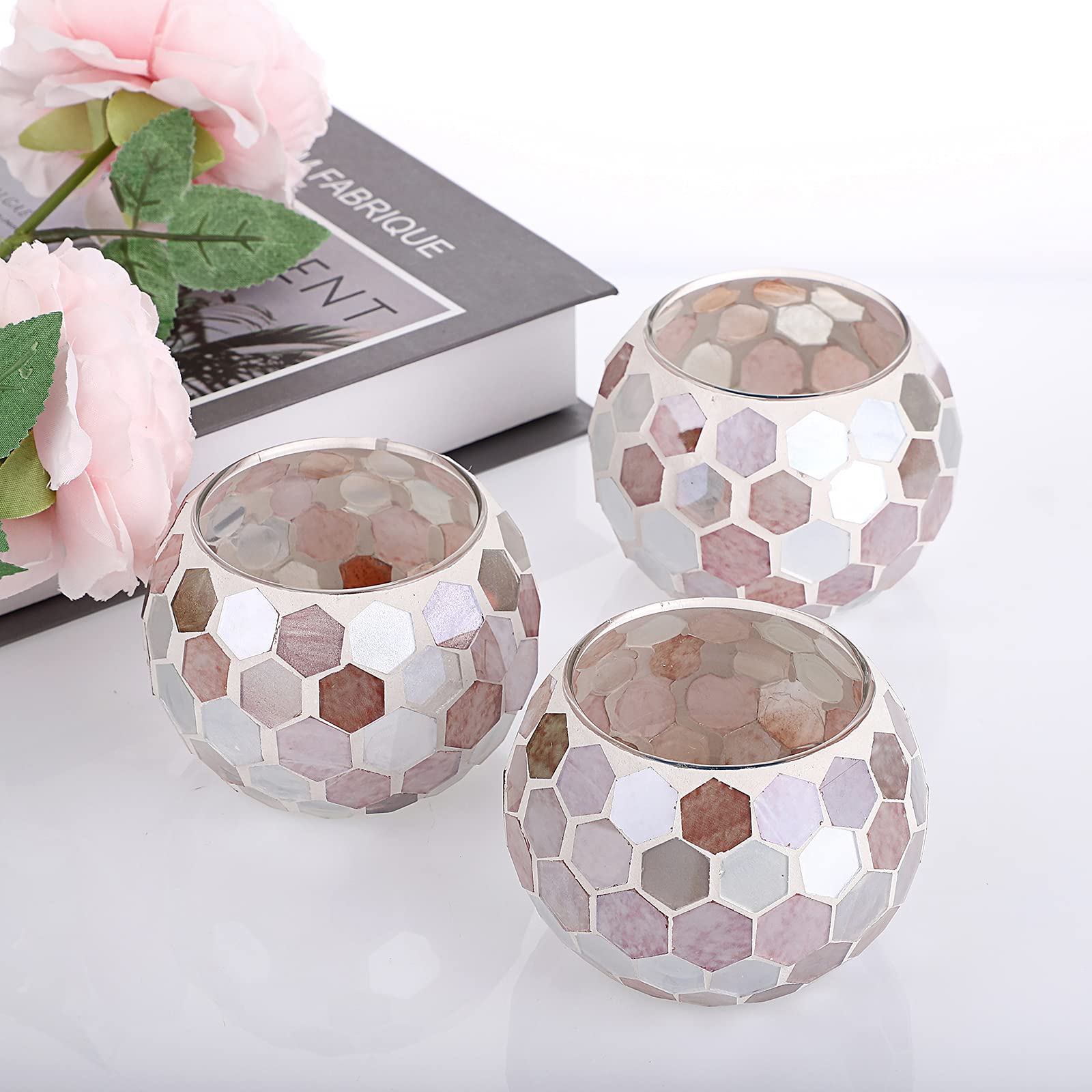 Set of 3 Mosaic Glass Tea Light Holders - Round Bowl Votive Candle Stands for Wedding Centerpieces, Dining Table Decor & Home Ambiance | Perfect for Romantic Dinners, Party Decorations & Spa Relaxation