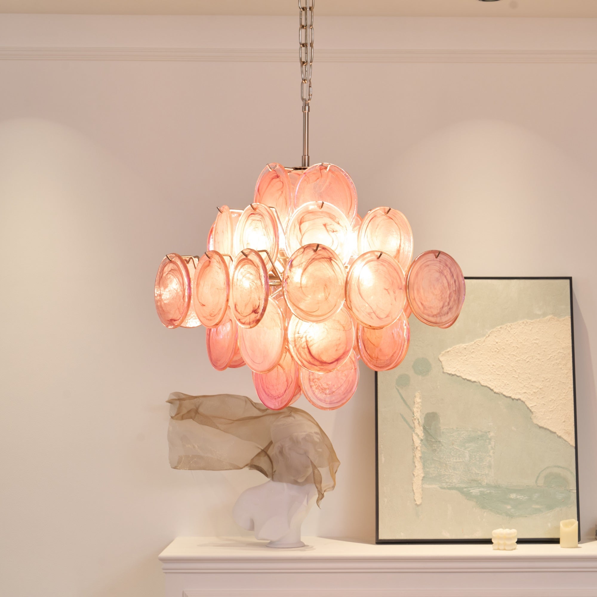 Elegant Aurelia Pink Murano Glass Chandelier - Handcrafted Italian Lighting Fixture for Dining Room & Bedroom Decor