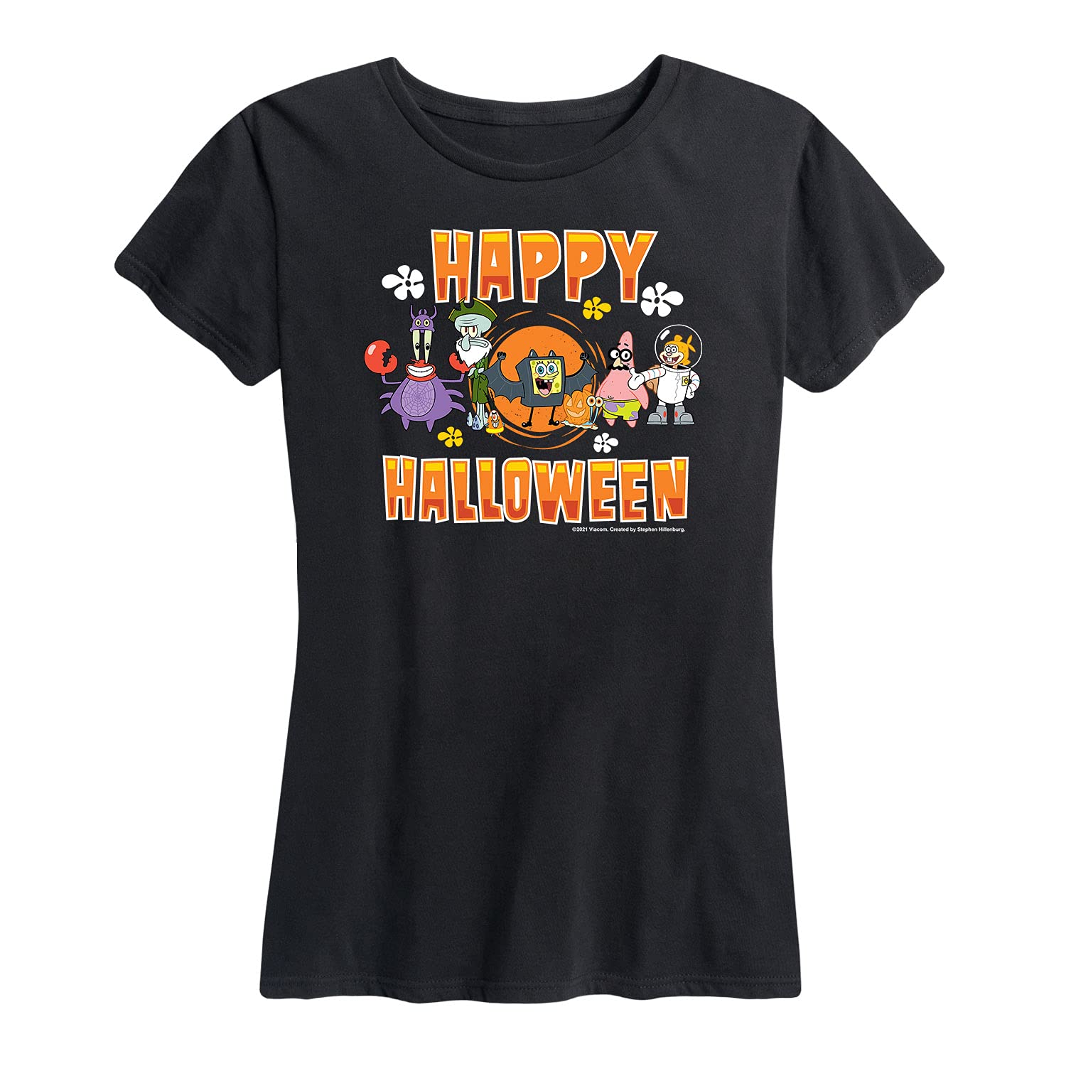 HYBRID APPAREL Women's Spongebob Squarepants Happy Halloween Graphic T-Shirt - Short Sleeve Casual Tee for Halloween Parties, Cosplay & Everyday Wear