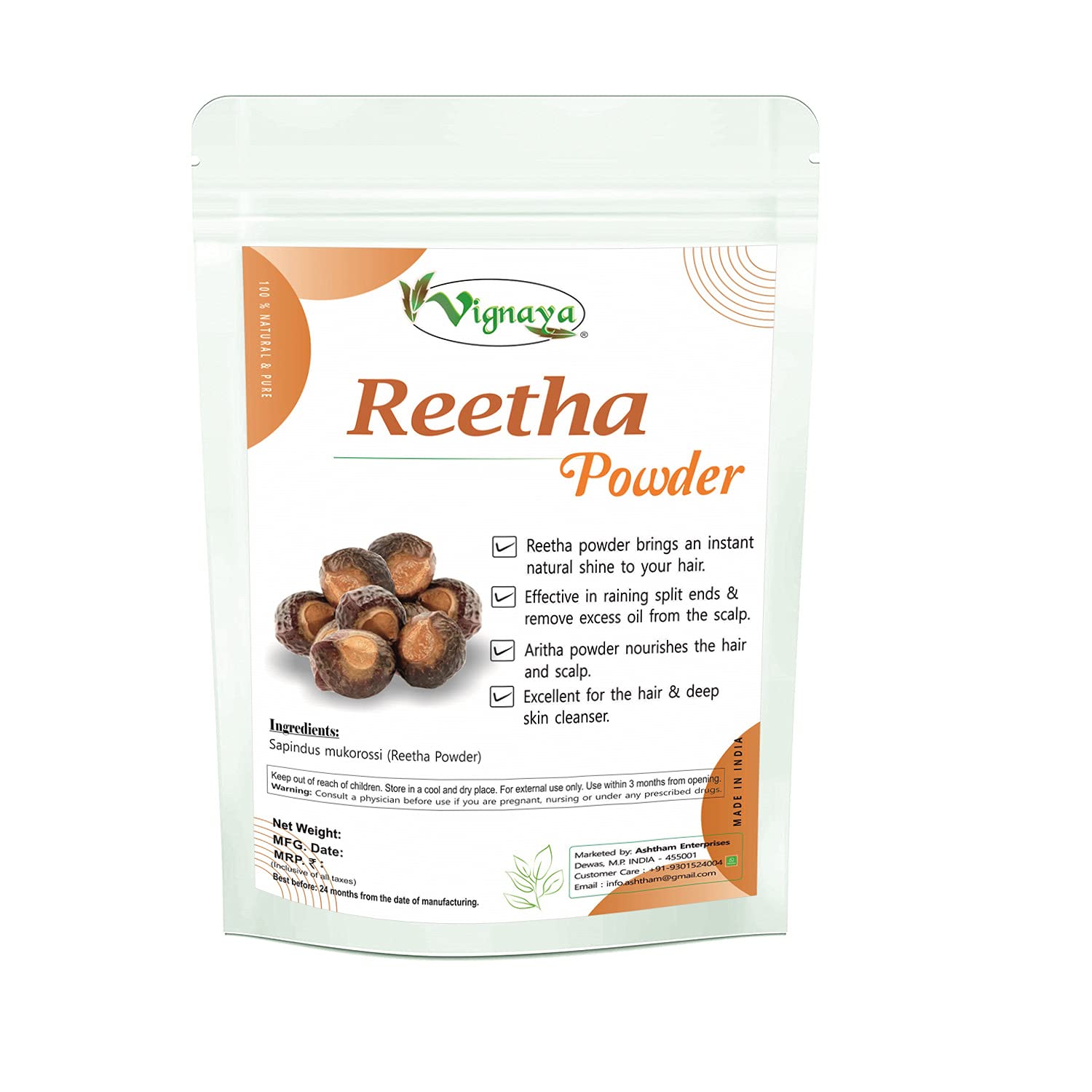 Vignaya Reetha Powder for Hair Growth & Scalp Treatment - 200g | Natural Ayurvedic Shikakai Soapnut for Healthy Hair, Dandruff Control & Hair Fall Prevention - Perfect for DIY Hair Masks & Organic Hair Care Routine