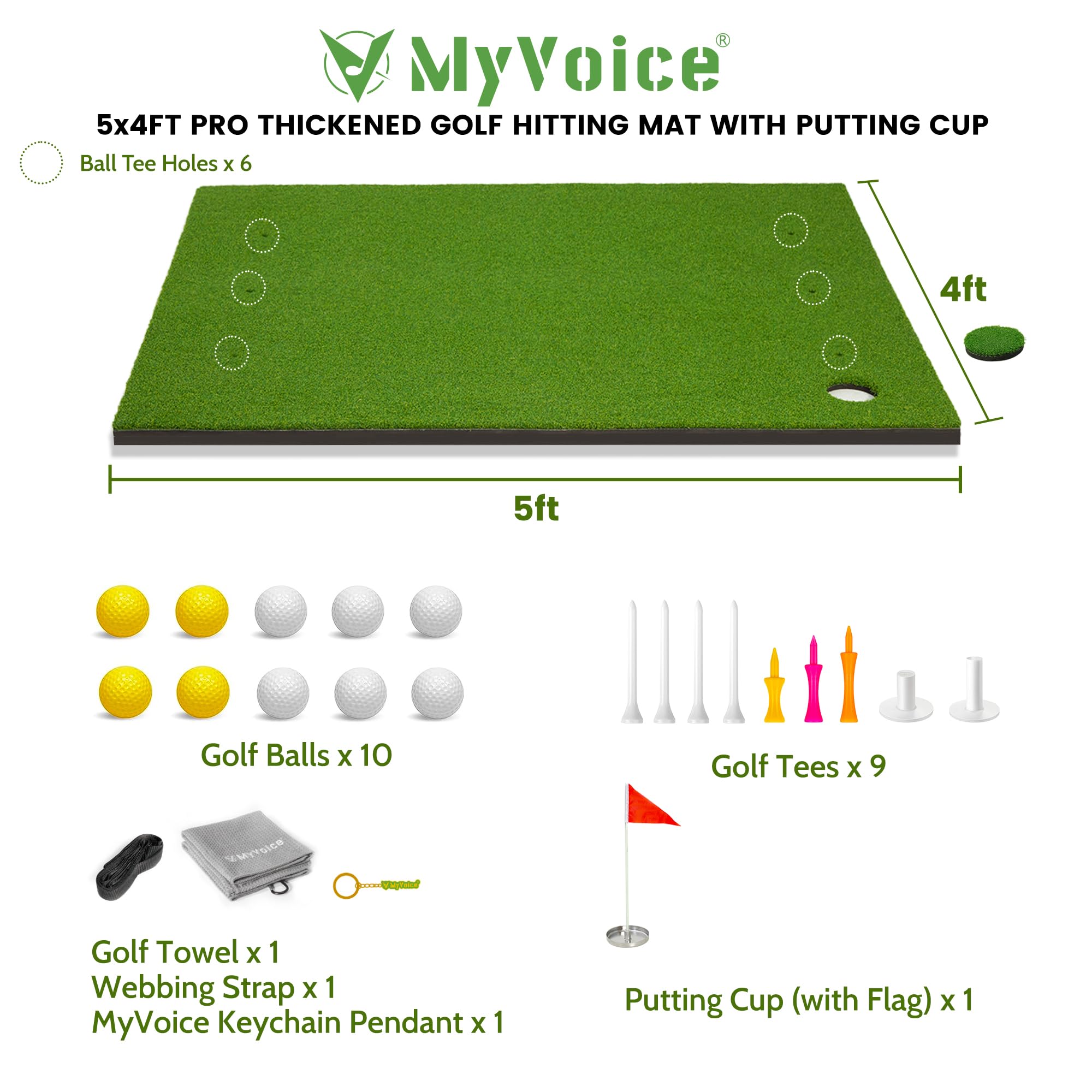 Premium MyVoice Pro 5x4ft Thickened Golf Mat Set - High-Elastic Non-Slip Base with Multiple Turf Options for Indoor/Outdoor Golf Training | Perfect for Driving Range Practice, Backyard Golf & Home Putting Green Setup