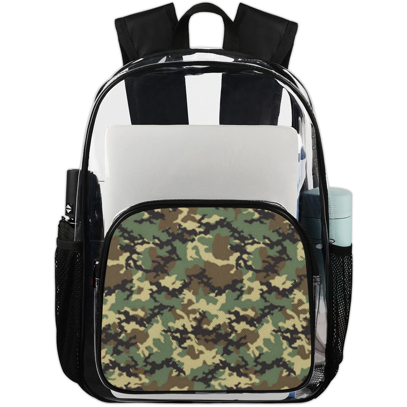 Pardick Heavy Duty PVC Clear Backpack with Army Camouflage Print - Large Transparent School Backpack for Work, Security, Travel - Durable Clear Bags for Women, Men, Girls & Boys (Perfect for School, Concerts, Stadiums & Airport Security)