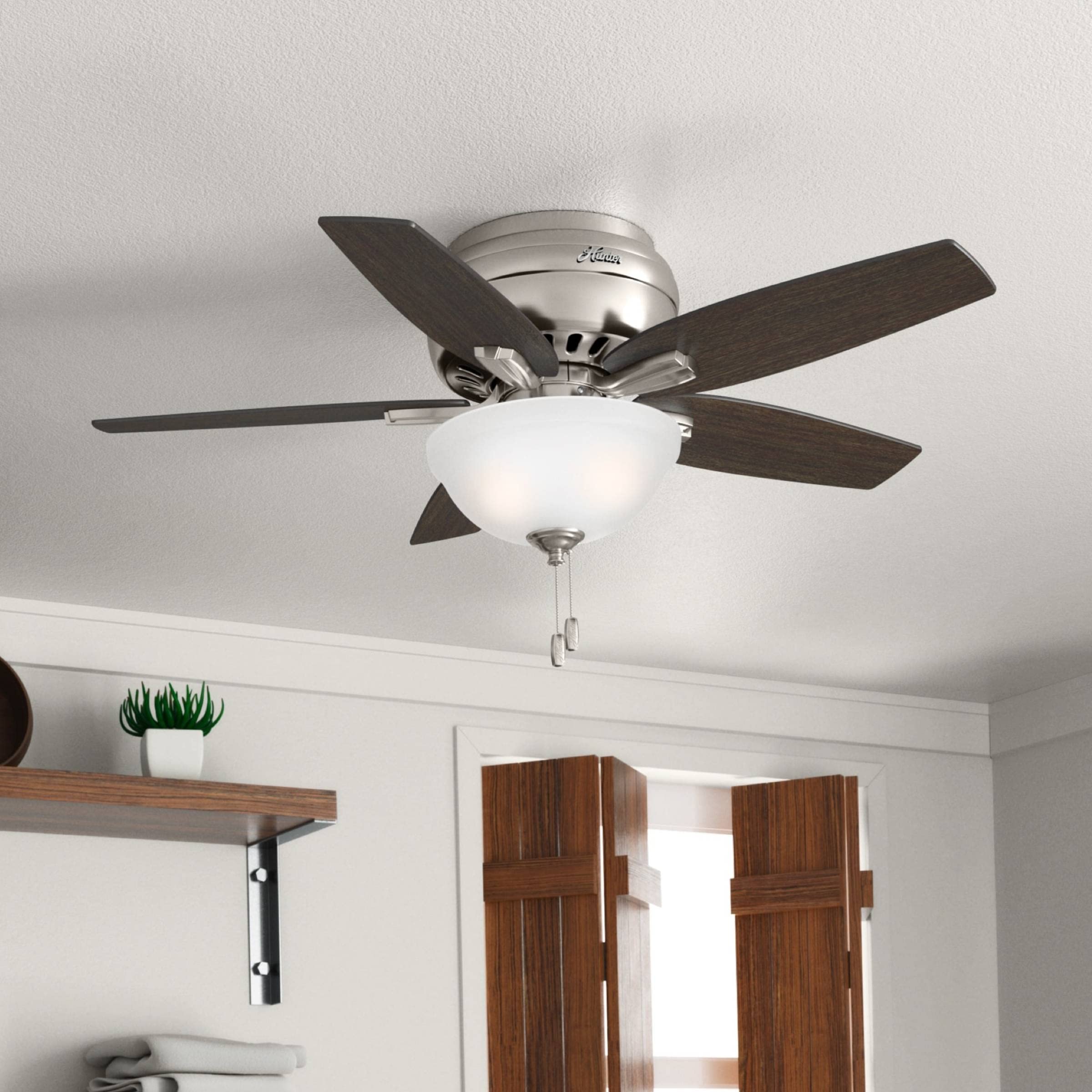 Hunter Fan Company 51082 42-Inch Newsome Brushed Nickel Low Profile Ceiling Fan with LED Light Kit and Pull Chain - Perfect for Bedrooms, Living Rooms, and Home Offices
