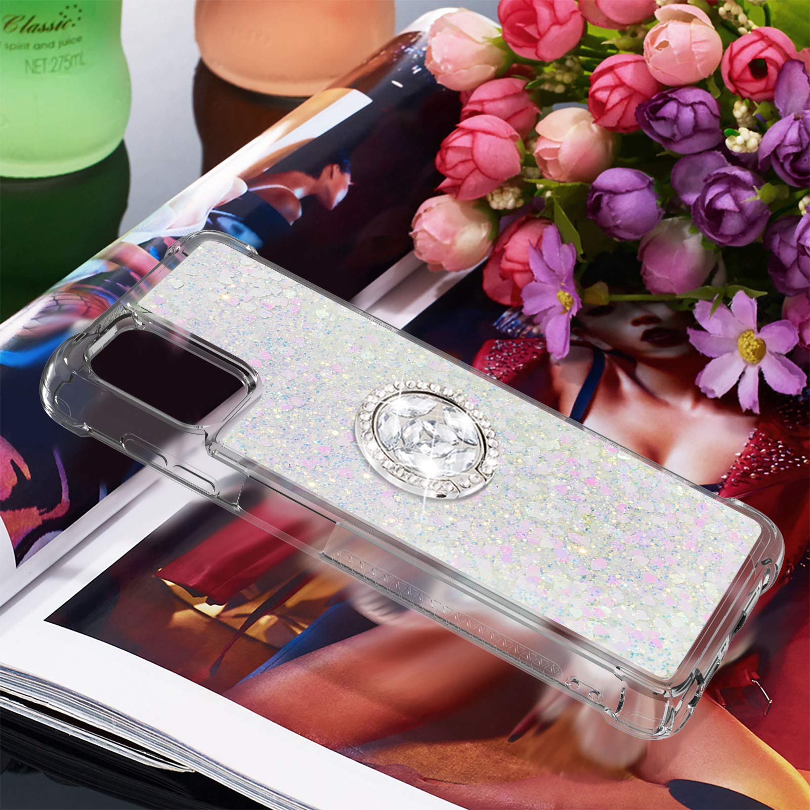 Sparkly Clear Glitter Phone Case for Motorola G Stylus 2021 - Liquid Quicksand Bling Cover with Diamond Ring Holder & Rugged Protection | Stylish Protective Case for Women Girls | Perfect for Daily Use, Work & Parties