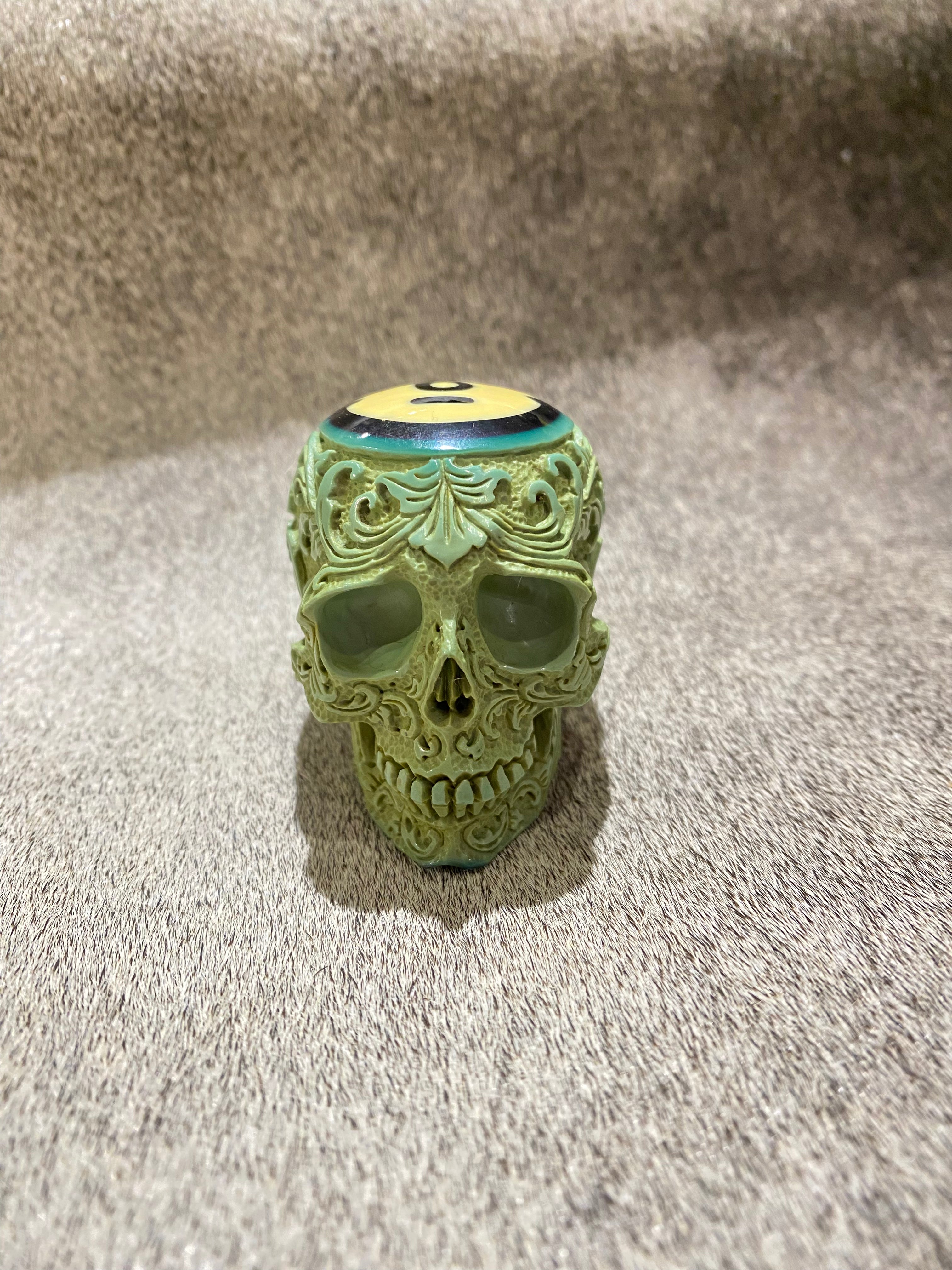 Hand-Carved Flower Pool Ball Skull #6 - Unique Billiard Accessory for Game Room Decor & Halloween Party Props