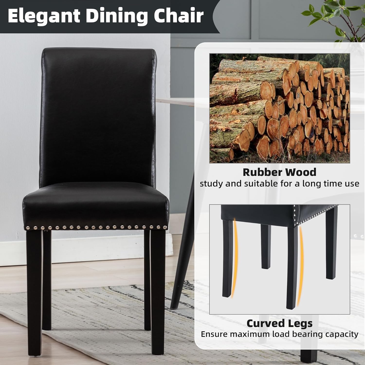 Westice 8-Piece Upholstered PU Leather Dining Chair Set with Nailhead Trim & Rubber Wood Legs - Modern Kitchen & Dining Room Chairs for Small Spaces, Apartment, Restaurant - Black (Perfect for Home Dining, Kitchen Island, Breakfast Nook & Compact Living Spaces)
