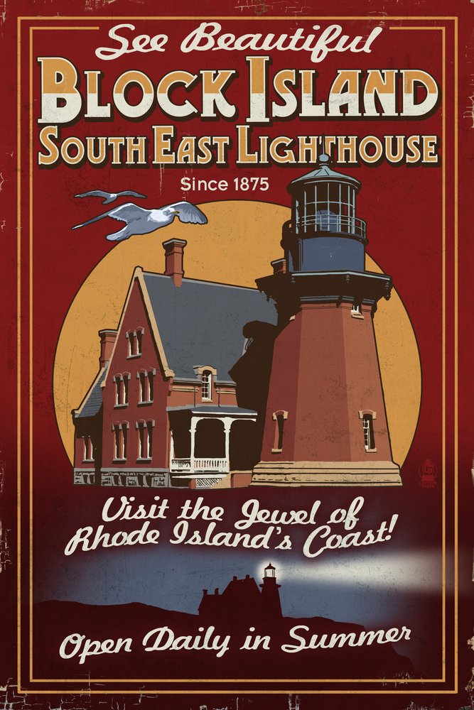 Vintage Lighthouse Sign Art Print - Block Island, Rhode Island - 16x24 Hand Signed Giclee Gallery Wall Decor - Coastal Nautical Home & Office Decor for Beach House, Living Room, or Gift