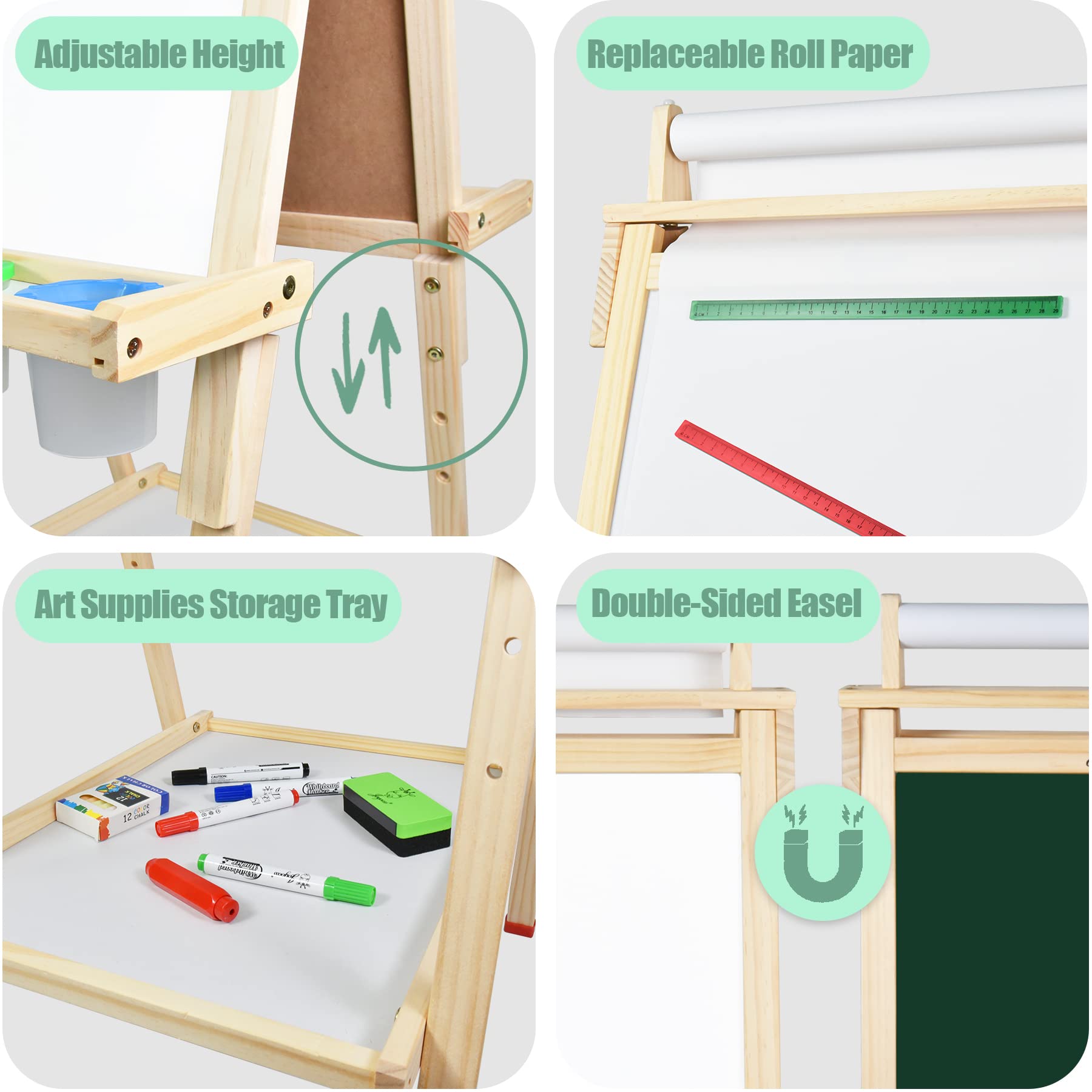 Joyooss Adjustable Wooden Art Easel for Kids - Double-Sided Magnetic Whiteboard & Chalkboard with Paper Roll - Height Adjustable Standing Easel with Bonus Art Supplies - Perfect for Home, Classroom & Creative Play