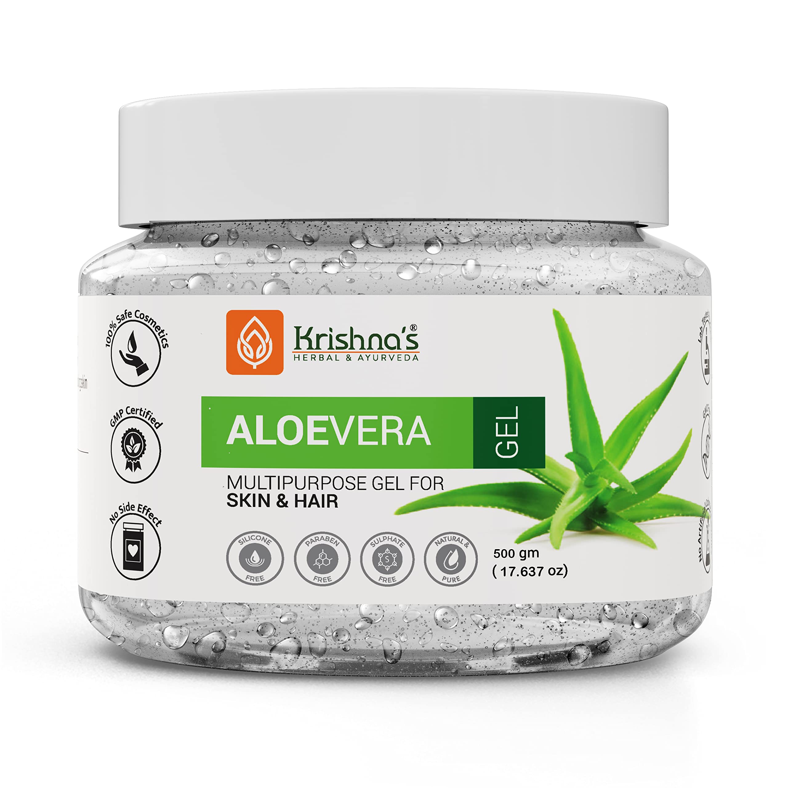 KRISHNA's Herbal & Ayurveda Aloe Vera Gel - 500g Pure White Non-Sticky Transparent 3-in-1 Fresh Soothing Gel for Skin, Body & Hair with Vitamin C+E, Natural Emollients for Dark Spots & Acne Treatment | Perfect for Sunburn Relief, Daily Moisturizing & Hair Care