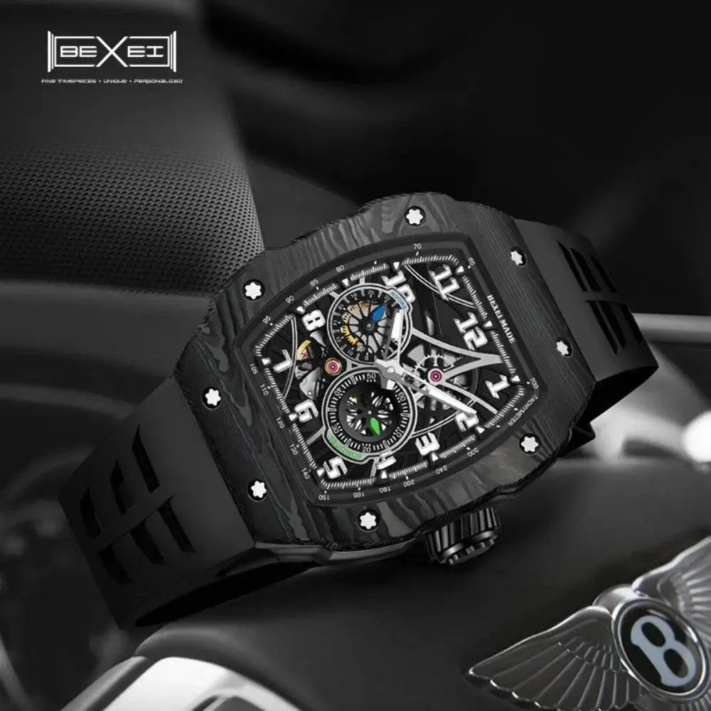 BEXEI 9088 Men's Automatic Watch - Carbon Fiber Case, Miyota 82S7 Movement, Sapphire Crystal, 50M Waterproof, Sporty Wind Design for Outdoor & Business Wear