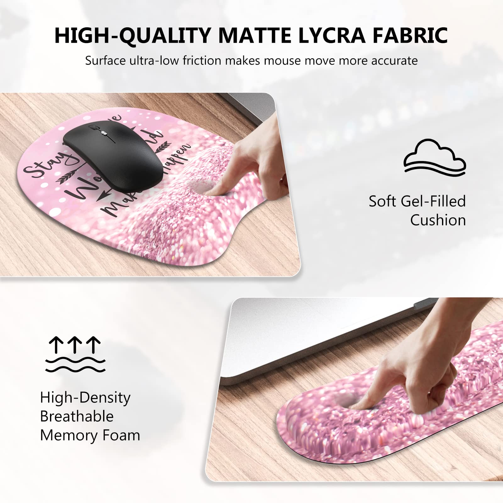 Ergonomic Pink Mouse Pad with Wrist Support - Non-Slip Rose Gold Keyboard Wrist Rest & Desk Mat, Stitched Edges for Durability (Stay Positive Design) - Perfect for Office, Gaming, and Home Workspace Comfort