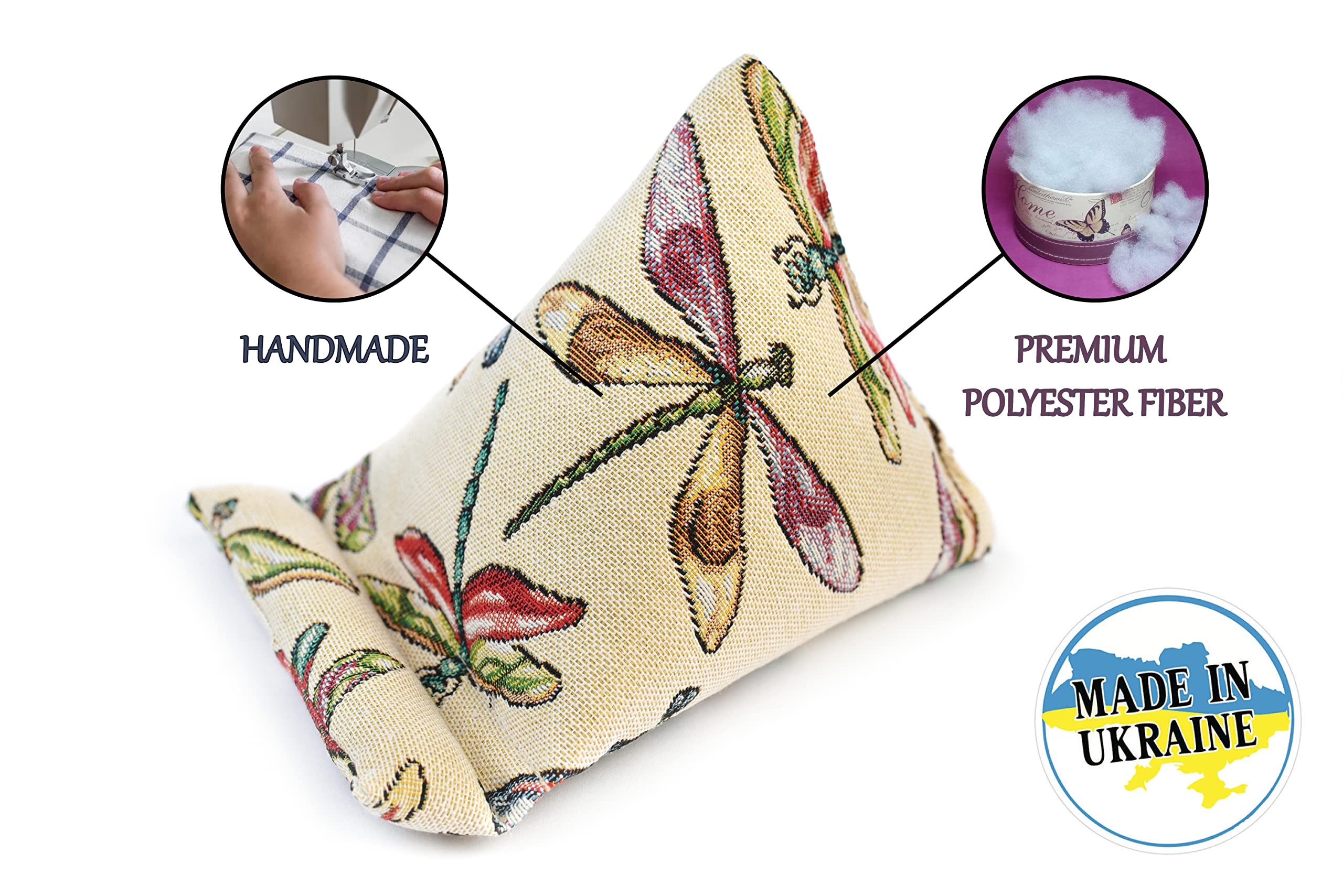 Handmade Fabric Phone Pillow Stand for iPhone & Smartphones - The Wedge Mobile Device Holder (7x6.1x5.5 Inches, Dragonfly Design) - Perfect for Bed, Sofa, Desk & Travel Use