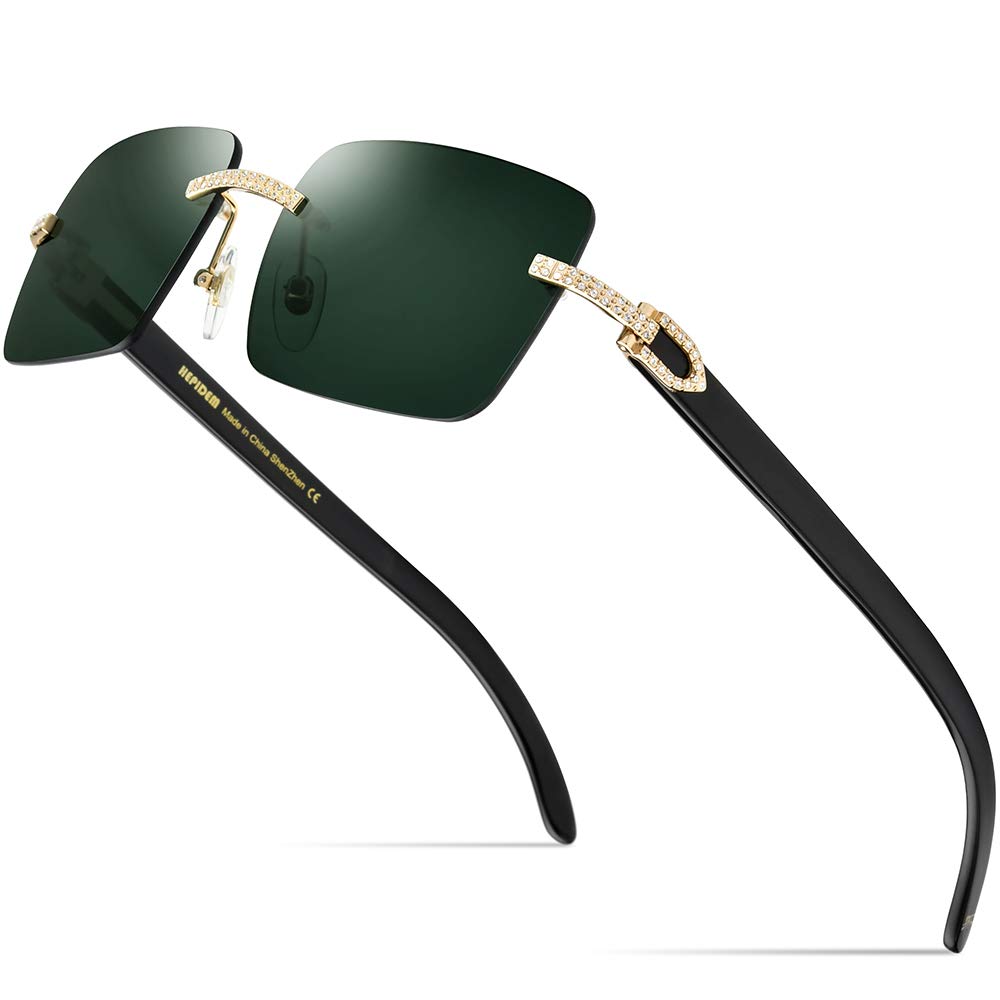 Authentic Buffalo Horn Sunglasses for Men - 100% Real Rimless Square UV Protection Sun Glasses | Perfect for Outdoor Activities, Driving, Beach & Fashion Accessories