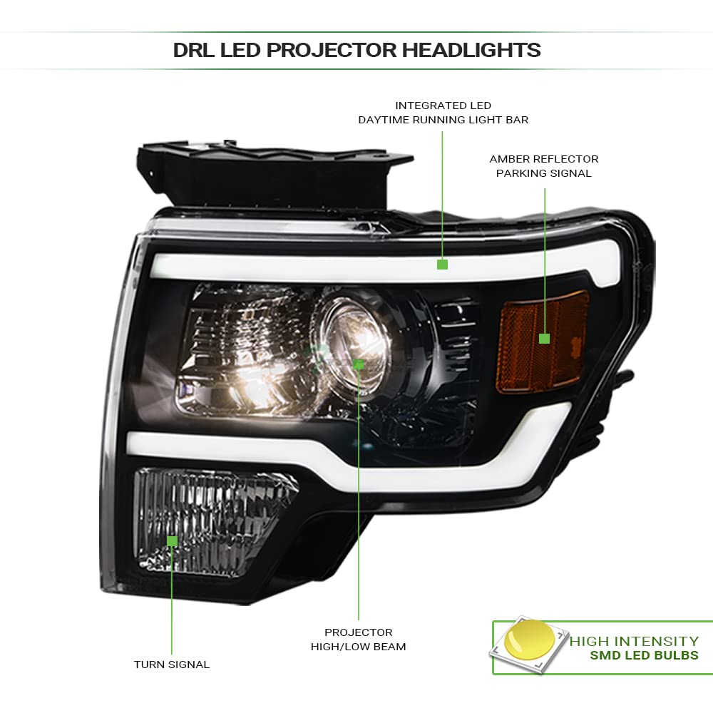 DRL LED Strip Tube Bar Black Housing Projector Headlights Signal Lamps Amber Reflector - Compatible with 2009-2014 Ford F150 Pickup Truck | Upgrade Lighting for Night Driving & Off-Road Adventures
