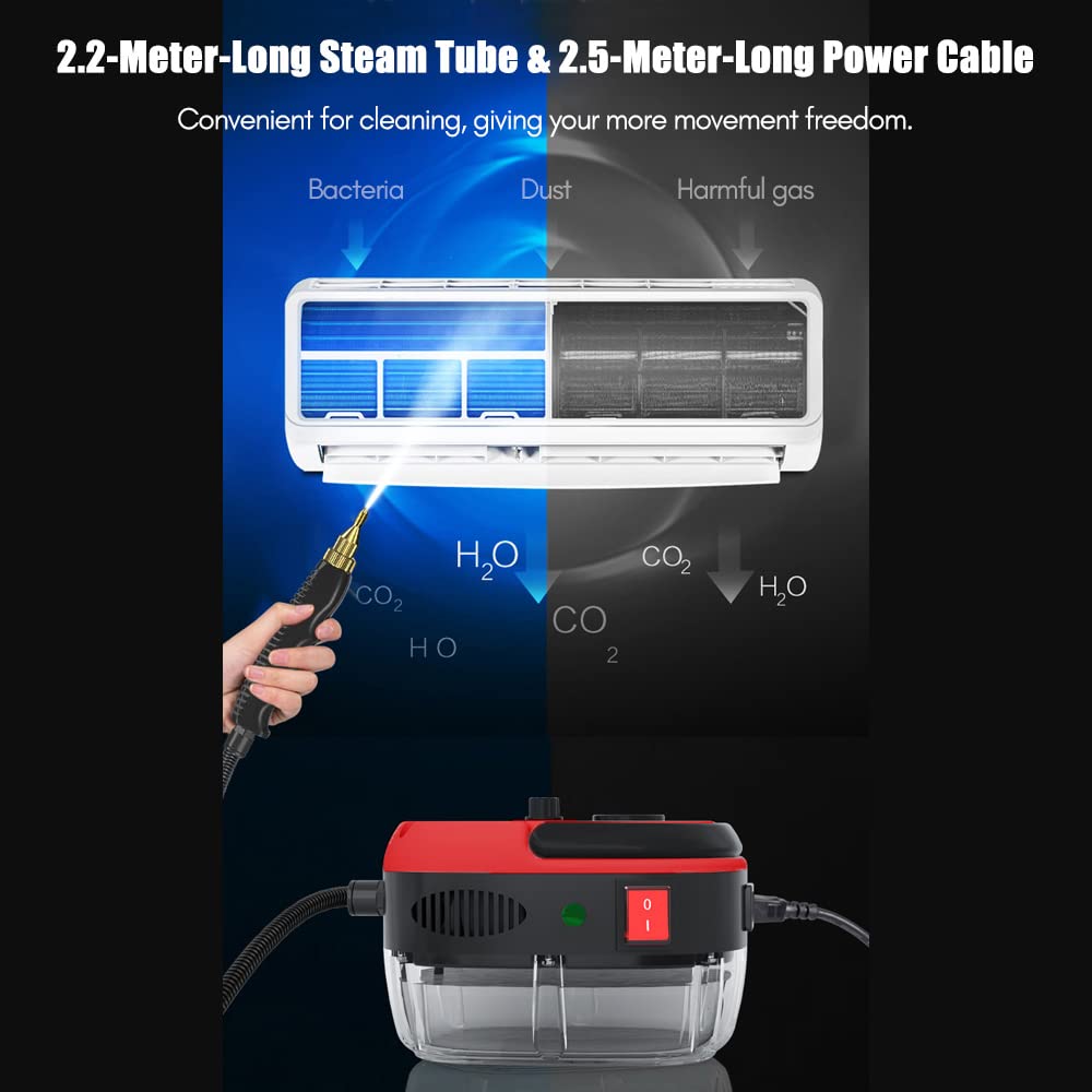 2500W Portable Handheld Steam Cleaner - High Temperature Pressurized Steam Cleaning Machine with 5 Brush Attachments for Kitchen, Bathroom, Car, Floors & Furniture | Multi-Surface Deep Cleaning for Grease, Grime & Stains | Red (Ideal for Home, Office & Auto Detailing)