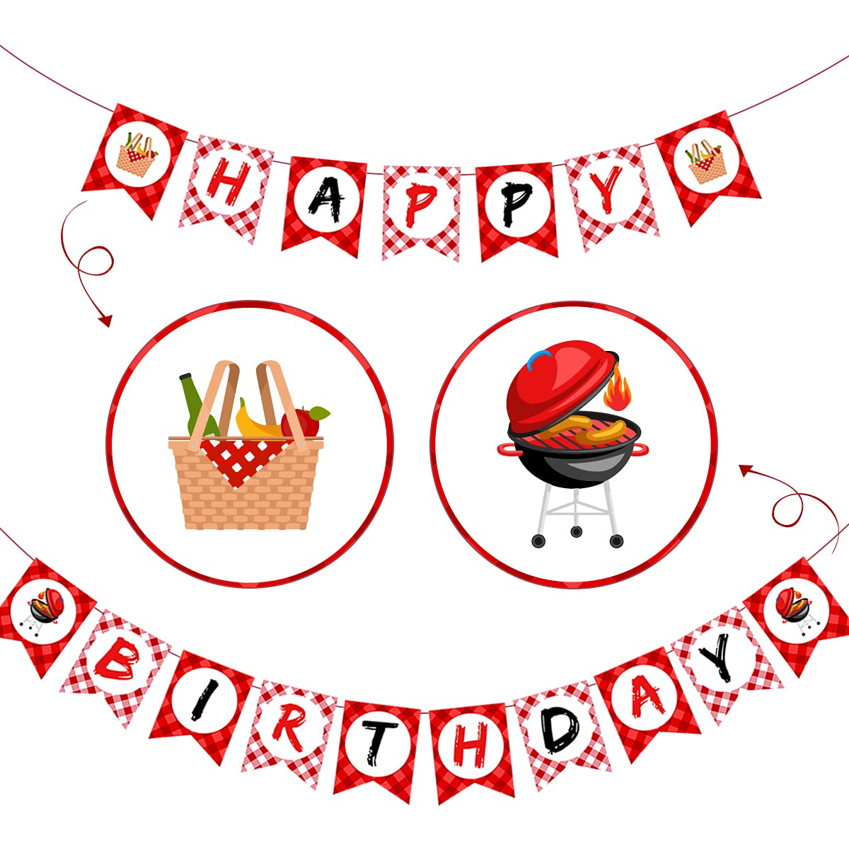 BBQ Happy Birthday Banner - Red Gingham Barbecue Party Decor for Summer & Fall Picnics, Outdoor Birthday Celebrations, Backyard Cookouts, and Themed Party Supplies